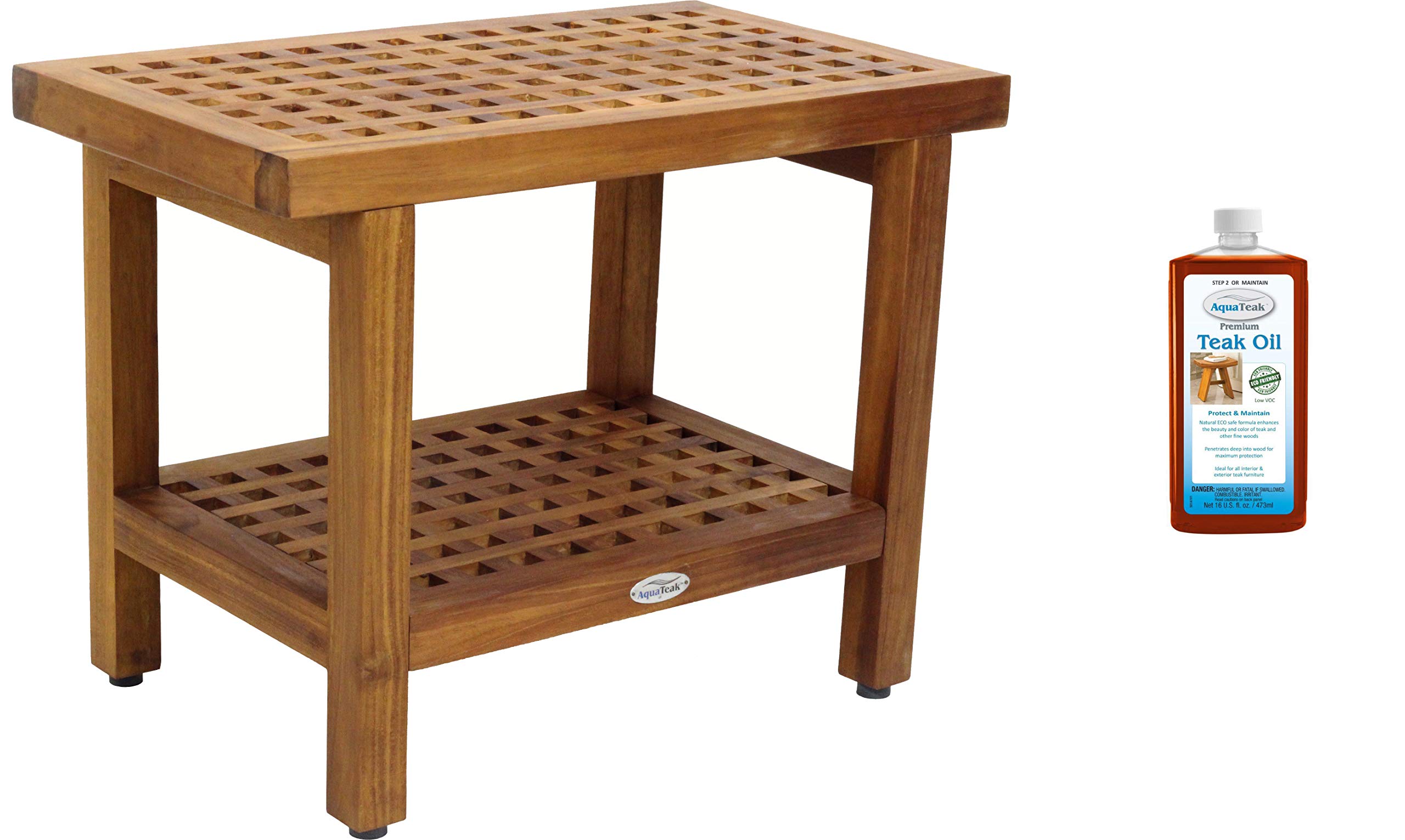 AquaTeak The Original 24" Grate Teak Shower Bench with Shelf & AquaTeak Premium Teak Oil