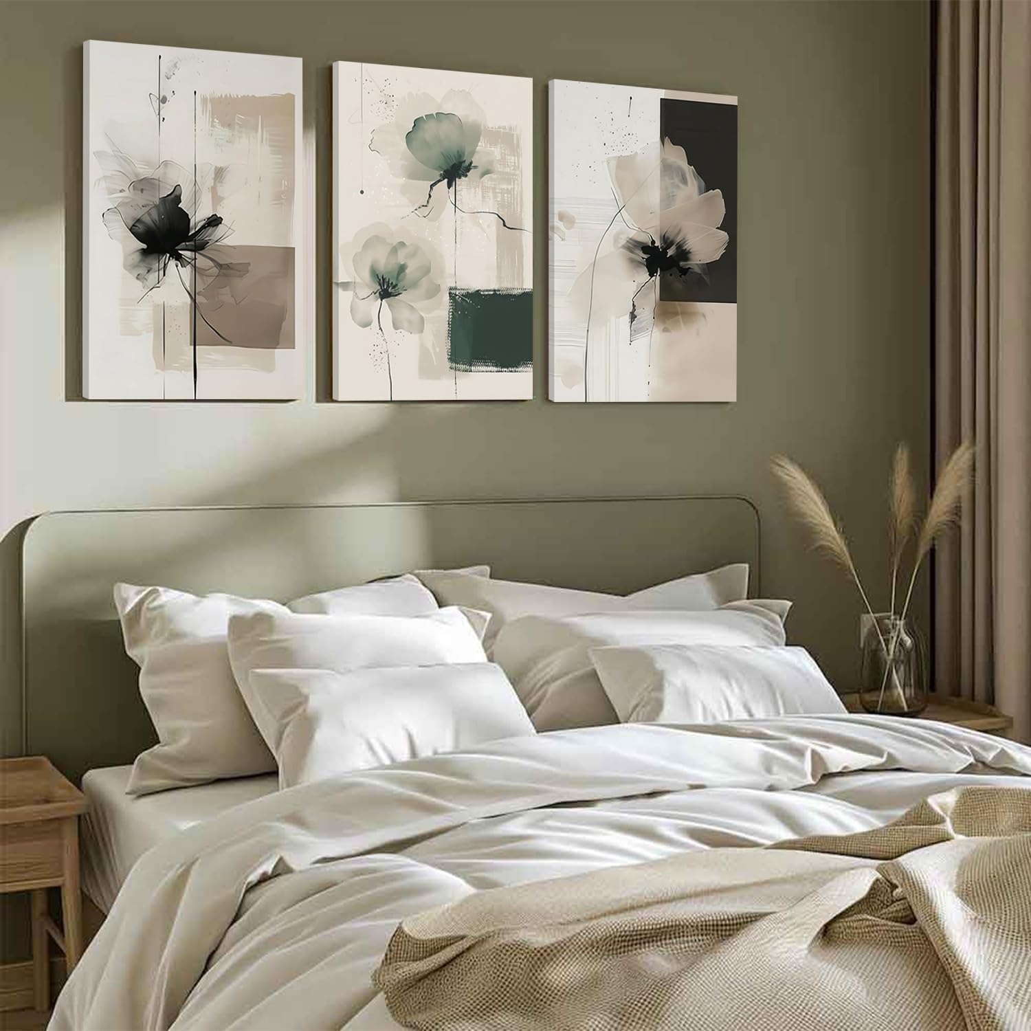 Neutral Abstract Floral Wall Art Set of 3 – Modern Beige & Black Minimalist Canvas Prints, Contemporary Large Flower Posters for Living Room Bedroom Bathroom Office Home Decor, Framed12x16 Inch