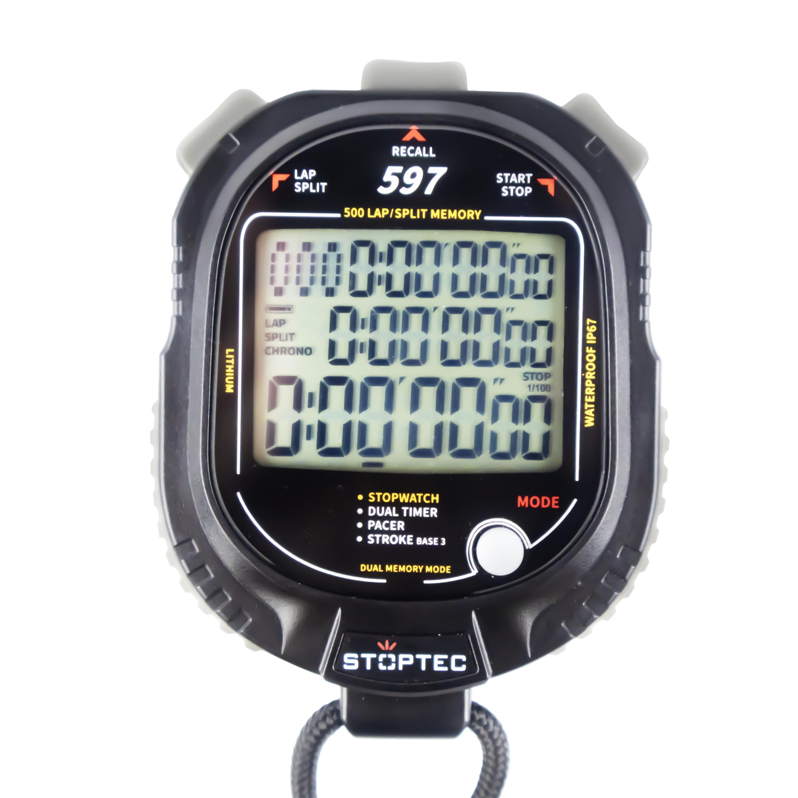 Stoptec - Cronometro 597, grande display a 3 righe, meccanismo a punti di pressione, 500 memoria, doppio timer, pacer, misurazione del numero di colpi, display e suono acceso e disattivabile