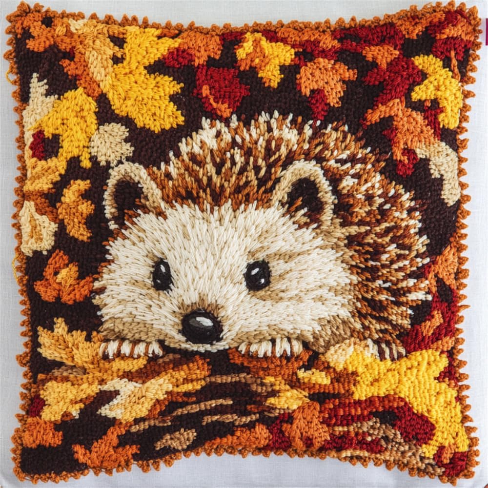 ORLUMY DIY Latch Hook Kitslatch Hook Kits Hedgehog Latch Hook Kits for DIY Throw Pillow Cover Craft Kits with Printed Canvas 43X43Cm,