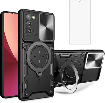 Asuwish Phone Case for Samsung Galaxy Note 20 5G Slide Camera Cover with Tempered Glass Screen Protector and Ring Holder Hard Hybrid Cell Accessories Note20 Notes 20s Twenty Not S20 Black