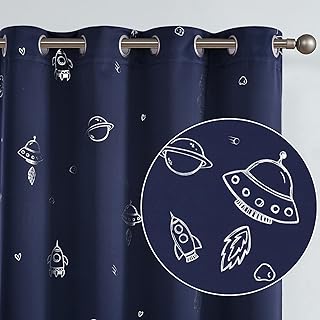 Vangao Navy Blue Blackout Curtains Space Theme for Boys Kids Nursery Girls Room Silver Foil Print Grommet Top Window Drapes 63 Inches Length 2 Panels for Bedroom Living Room