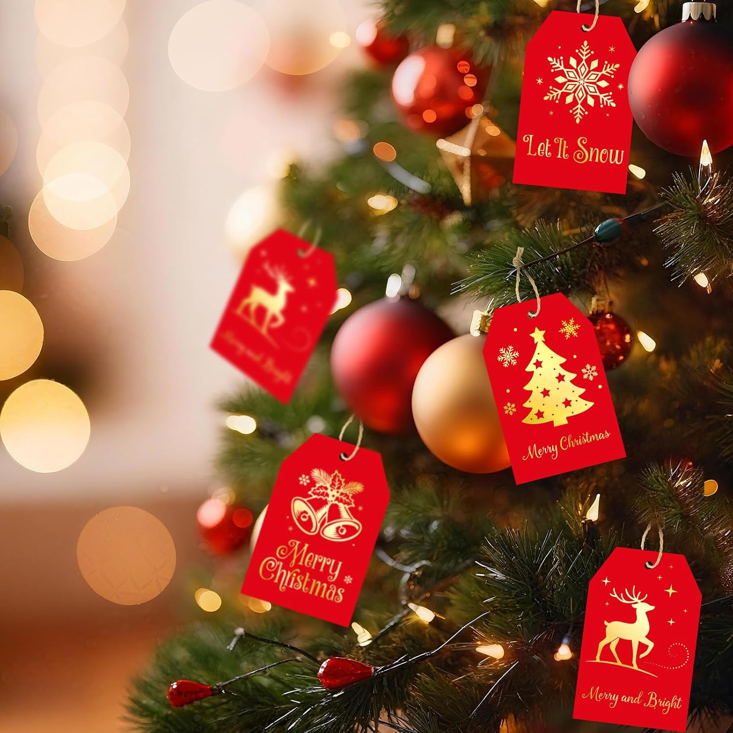 G2PLUS 60Pcs Christmas Gift Tags with String - Red and Gold Merry Christmas Paper Tags, 4 Designs Xmas Tag for Holiday Wrapping, DIY Crafts, Gift Exchange, Party Favors - Image 5