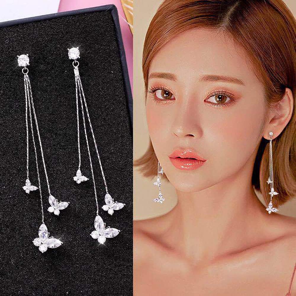 Temperament Crystal Butterfly Drop Dangle Earrings for Women Long Tassel Butterfly Stud Earrings - Image 2