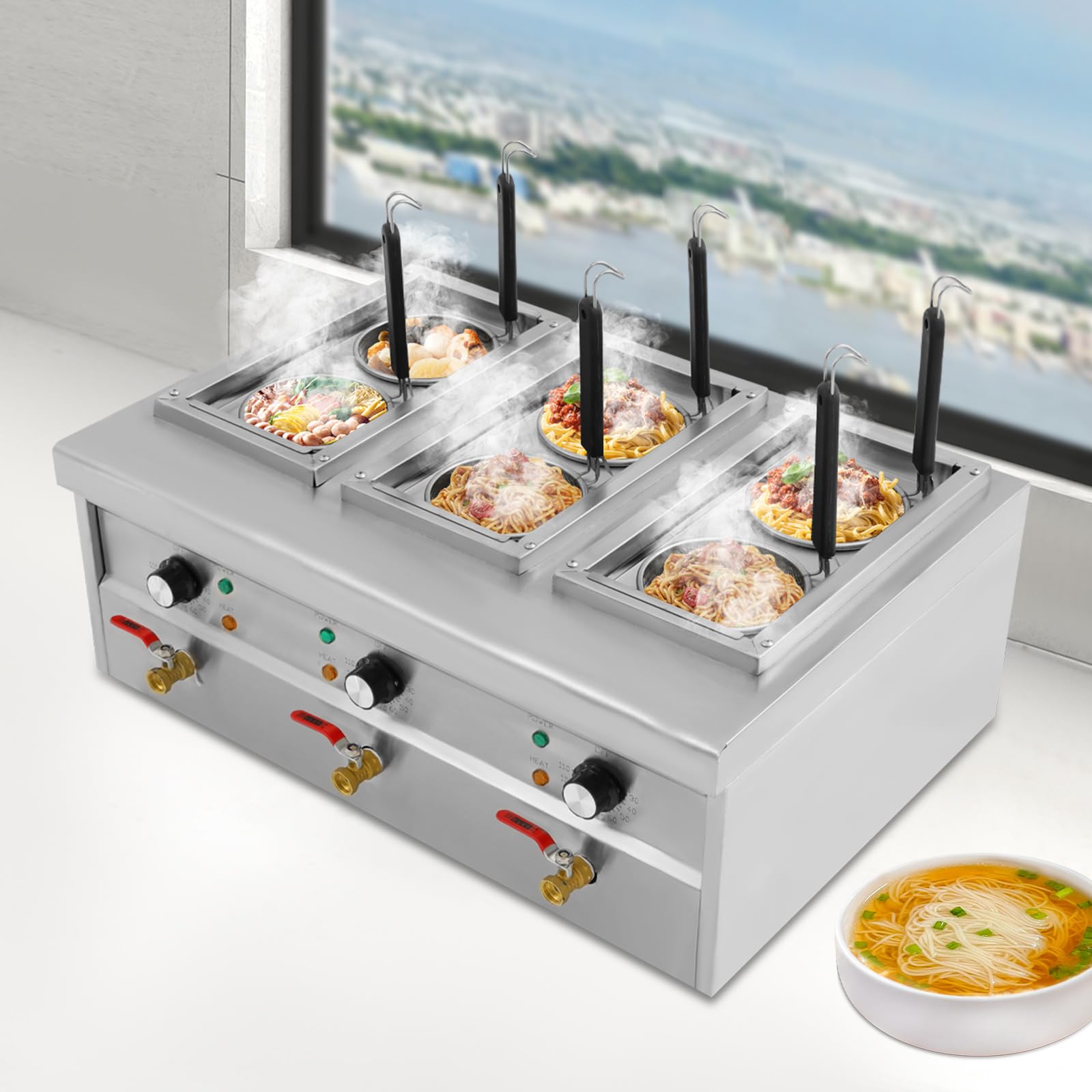 Fornello per pasta professionale, 6 cesti, 9 l, 2500 W, in acciaio inox, con rubinetto di scarico, fornello per pasta elettrica, per feste, banchetti ed eventi di catering