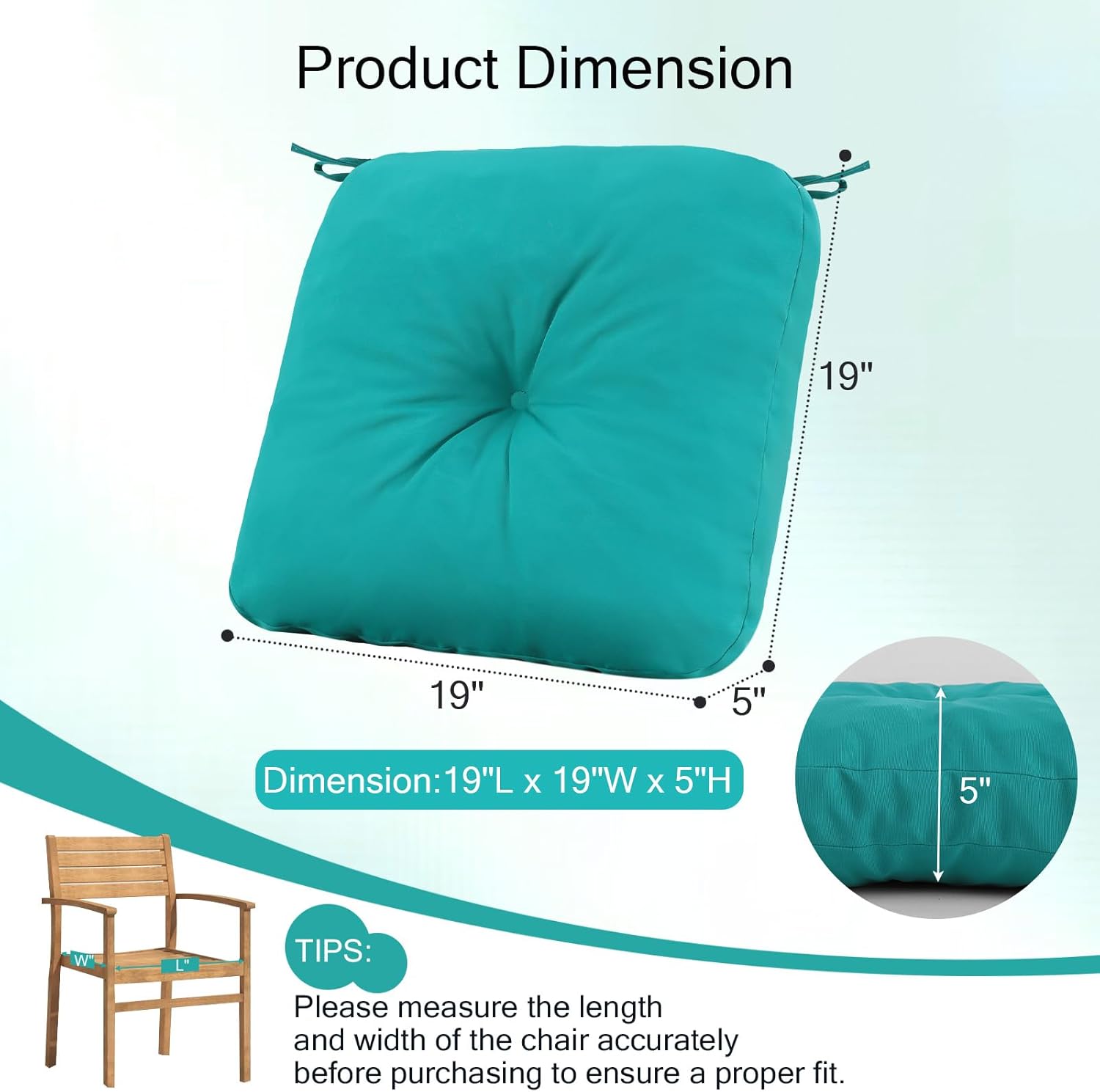 Outdoor Chair Cushions, Outdoor Seat Cushions for Patio Furniture Waterproof with Ties, Replacement Tufted Patio Chair Pads, 19x19x5 inches Set of 2, Blue