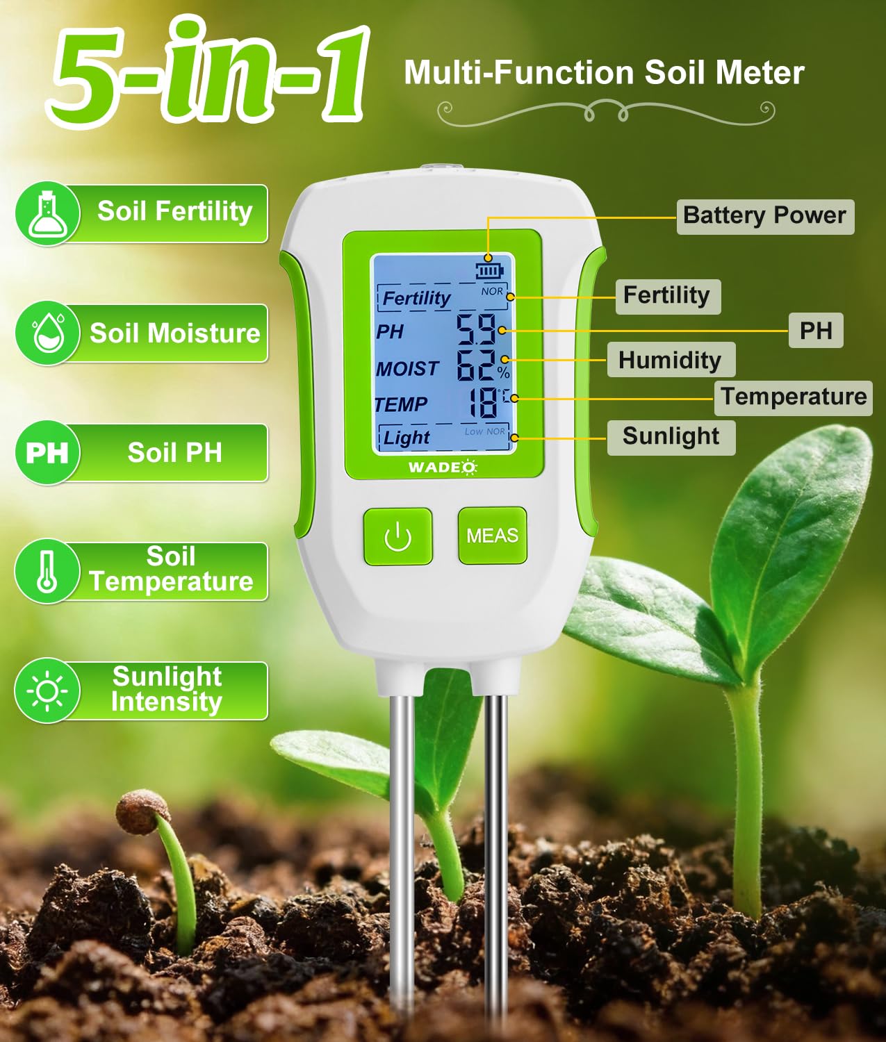 WADEO Medidor de suelo 5 en 1 para temperatura/fertilidad/humedad del suelo/pH/luz solar, pantalla LCD con retroiluminación, medidor digital de suelo para jardinería y agricultura