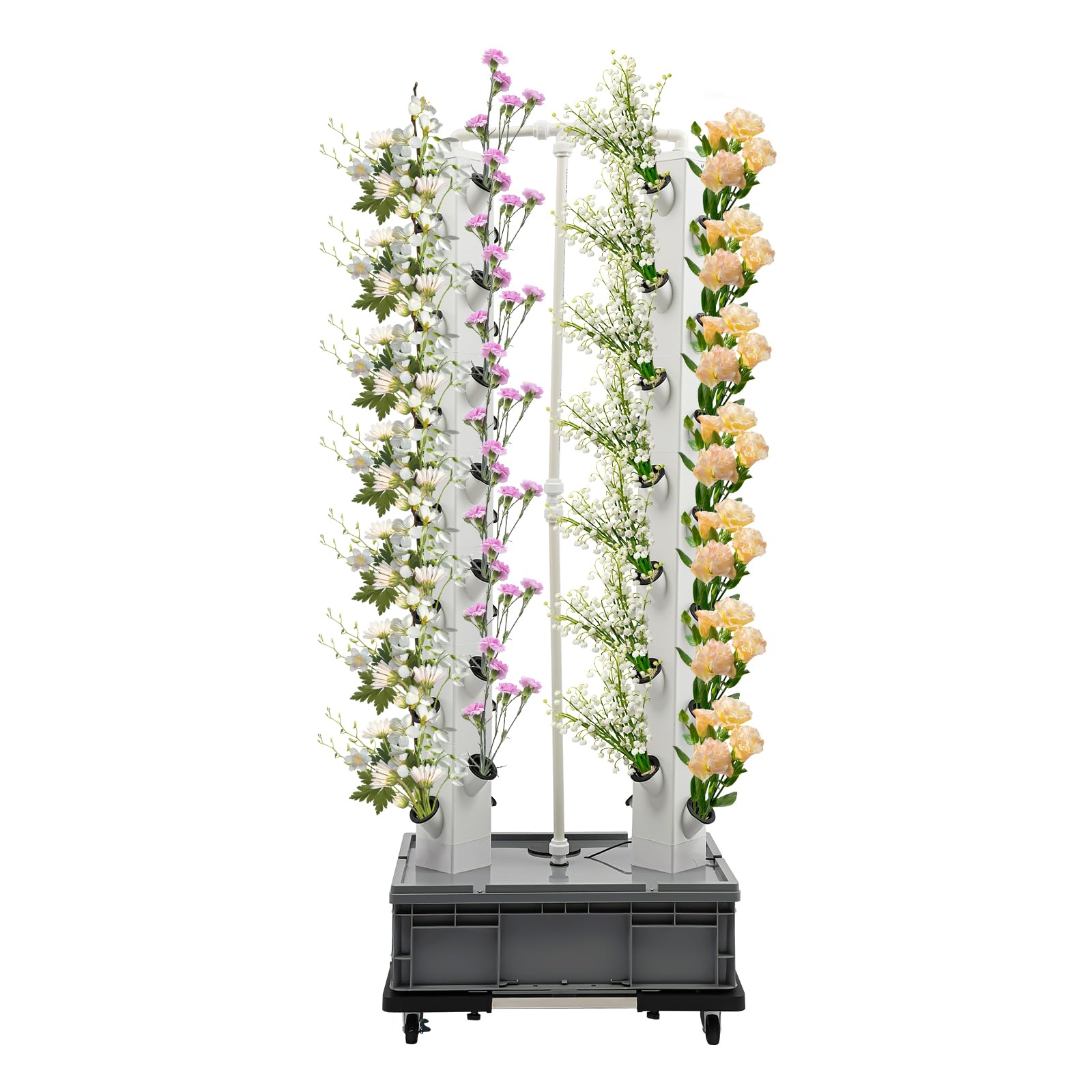 OUKANING 56 piante idroponiche Tower, 164 cm, giardino verticale con pompa e timer, 4 ruote con 2 freni, sistema di irrigazione automatico per balcone, interno, base grigia, colonne bianche