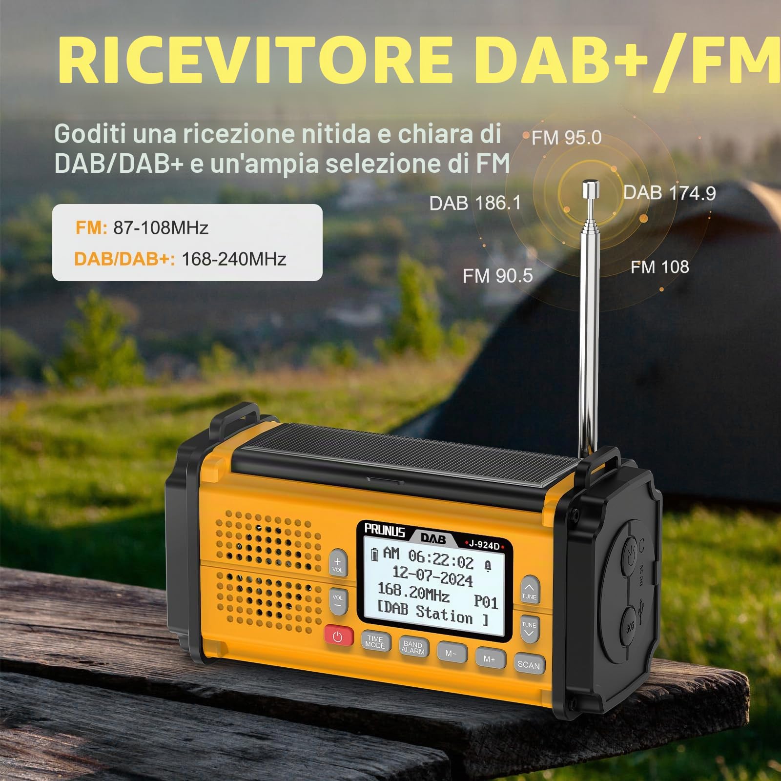 PRUNUS J-924 DAB Radio Portatile Emergenza Solare FM, Radiolina a Manovella Dinamo con Batteria da 10000 mAh, Radio a Pile con Torcia e Luce da Lettura/Allarme SOS per Ourdoor, Emergenza (Giallo)