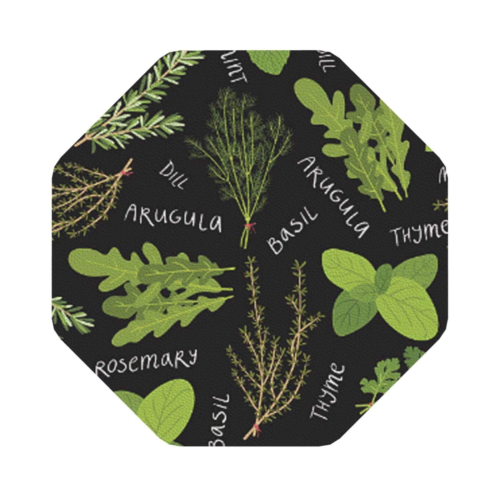 Basil Thyme Dill & Rosemary PU Leather Coasters Set of 6 Octagon Drink Coasters