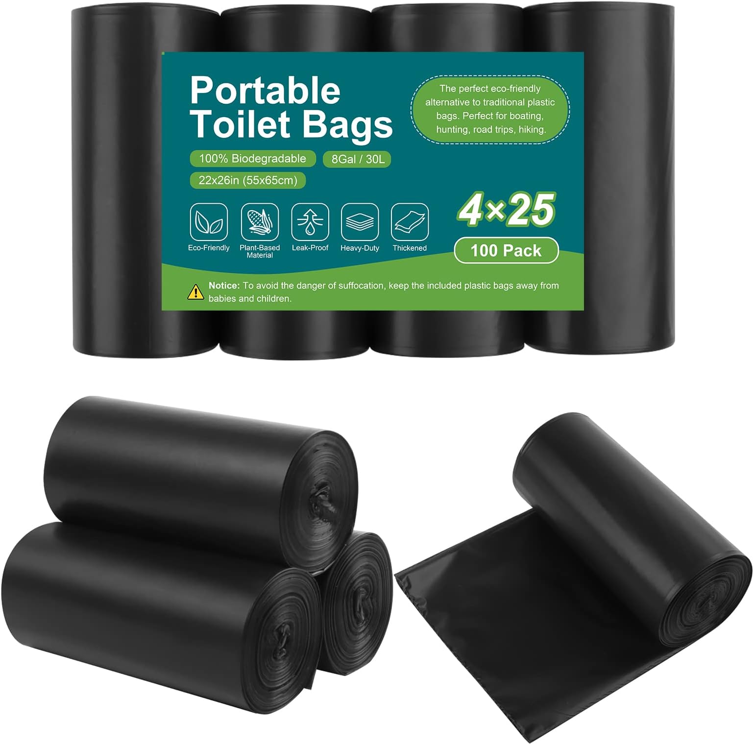 100 Portable Toilet Bags, Drawstring Biodegradable Camping Potty Bags 8 Gallon Waste Bags for 5-8 Gallon Bucket Toilet Adults Outdoor Camping Car