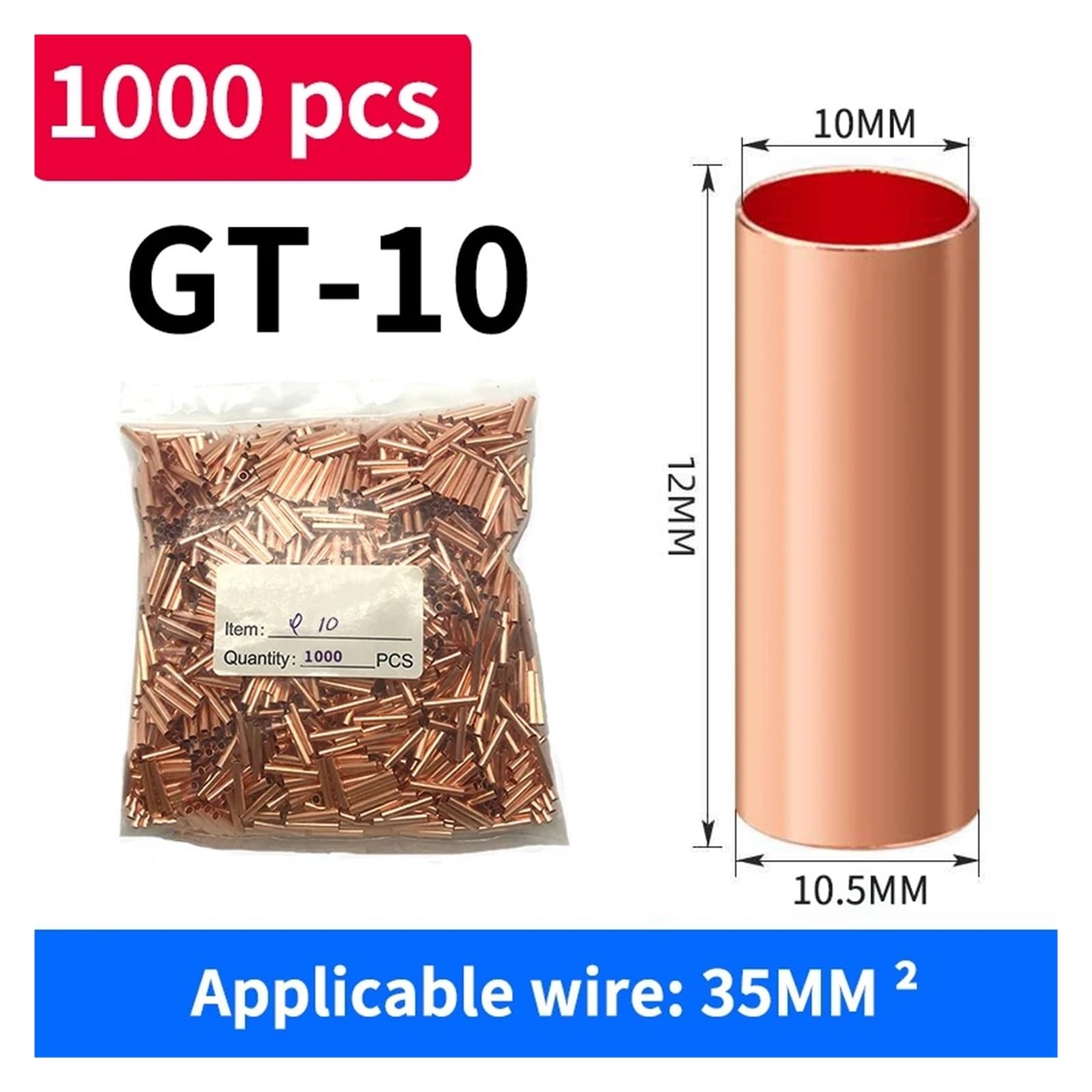 1000PC Φ 1,5/2/2,5/3/4/5/6/7/8/10 Mm conector de cable tubo conexión cobre Terminal prensado en frío(GT-10 1000PCS,5 Packs)