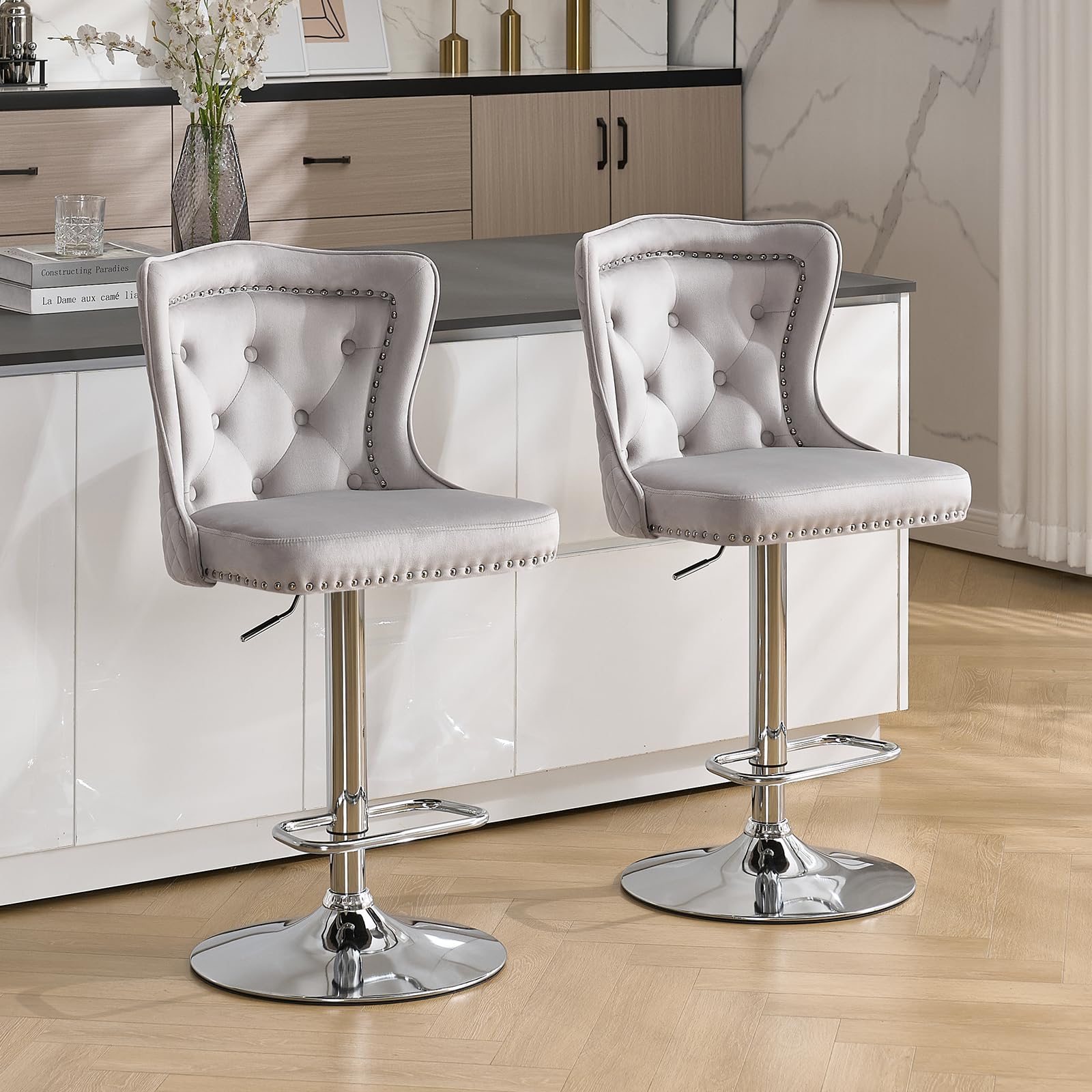 KHISCHMO Set of 2 Luxury Velvet Bar Stools, 360° Swivel Adjustable Counter Height Chairs with Lion Knocker & High Wing Back, Kitchen Island Bar Dining Room, Light Grey — image 1
