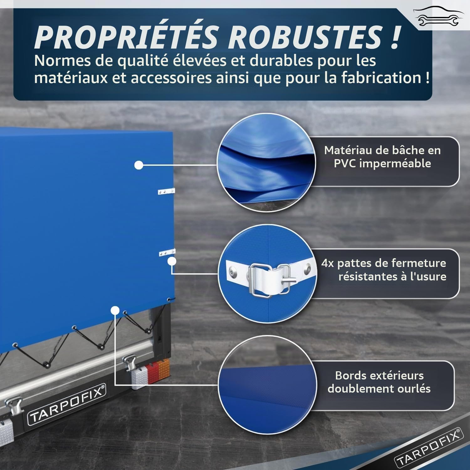 Tarpofix® Bâche de Remorque Haute 210 x 115 x 110 cm & Corde - PVC Robuste Durable - Couverture Idéale pour Divers Modèles de Remorques de 750kg