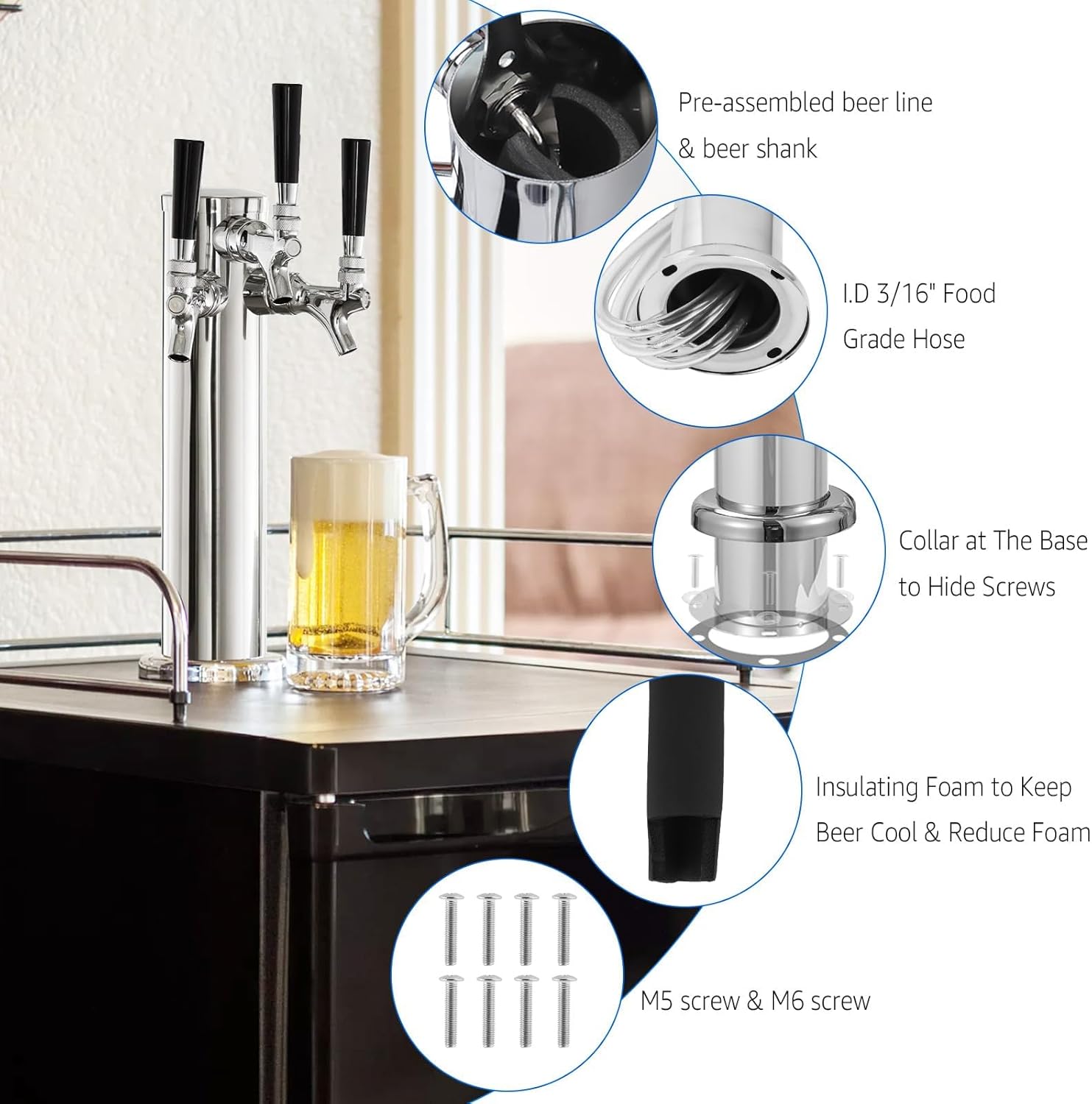 MRbrew Kegerator Tower Beer Tap Tower Dispenser 3 Faucet Beer Tower Draft Beer Dispenser Stainless Steel Keg Tap Tower 3'' Keg Tower Pre-assembled Line Beer Faucet Dispenser Kit For Home, Bar,Party