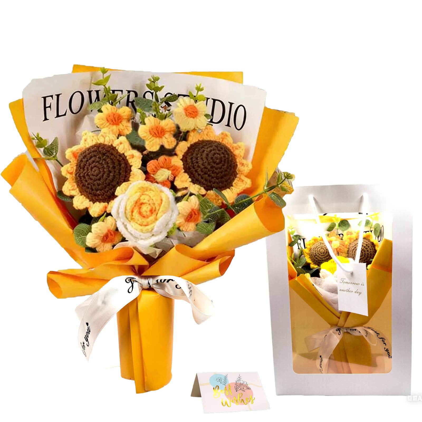 Crochet Flower Bouquet,Handmade Knitted Crochet Sunflower with Gift Bag for Valentine’s Day Anniversary Weddings Birthdays Mother’s Day Graduation Home Decor (Sunflower)