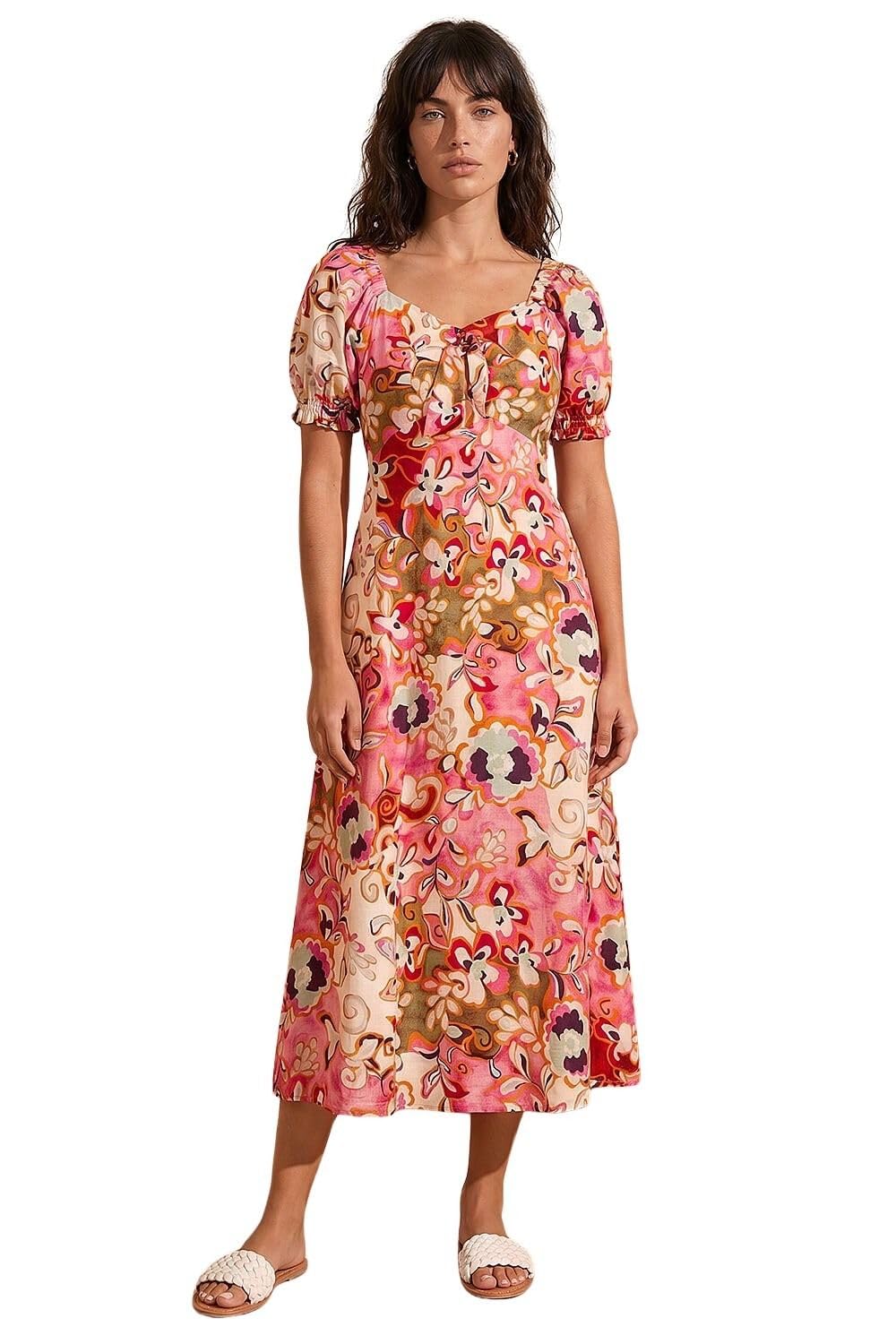 Roman Women's Pink Floral Print Tie Front Midi Dress In Size 14