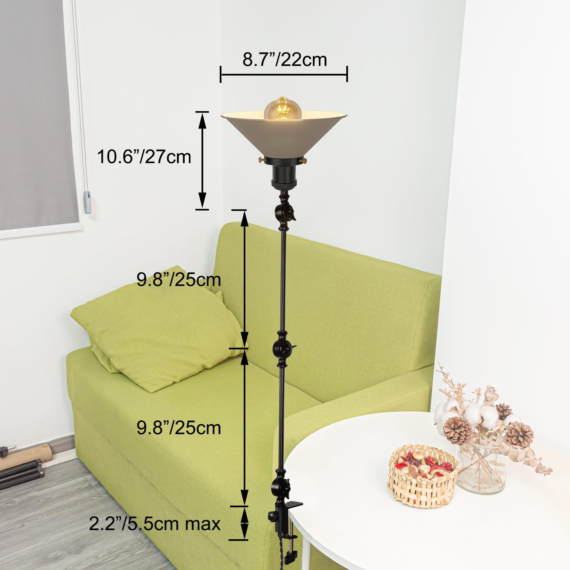 Lampada a morsetto industriale con 2,5 cavi interruttori, clip regolabile su lampada da lettura, lampada da comodino dimmerabile con braccio flessibile per scrivania, comodino, mensola