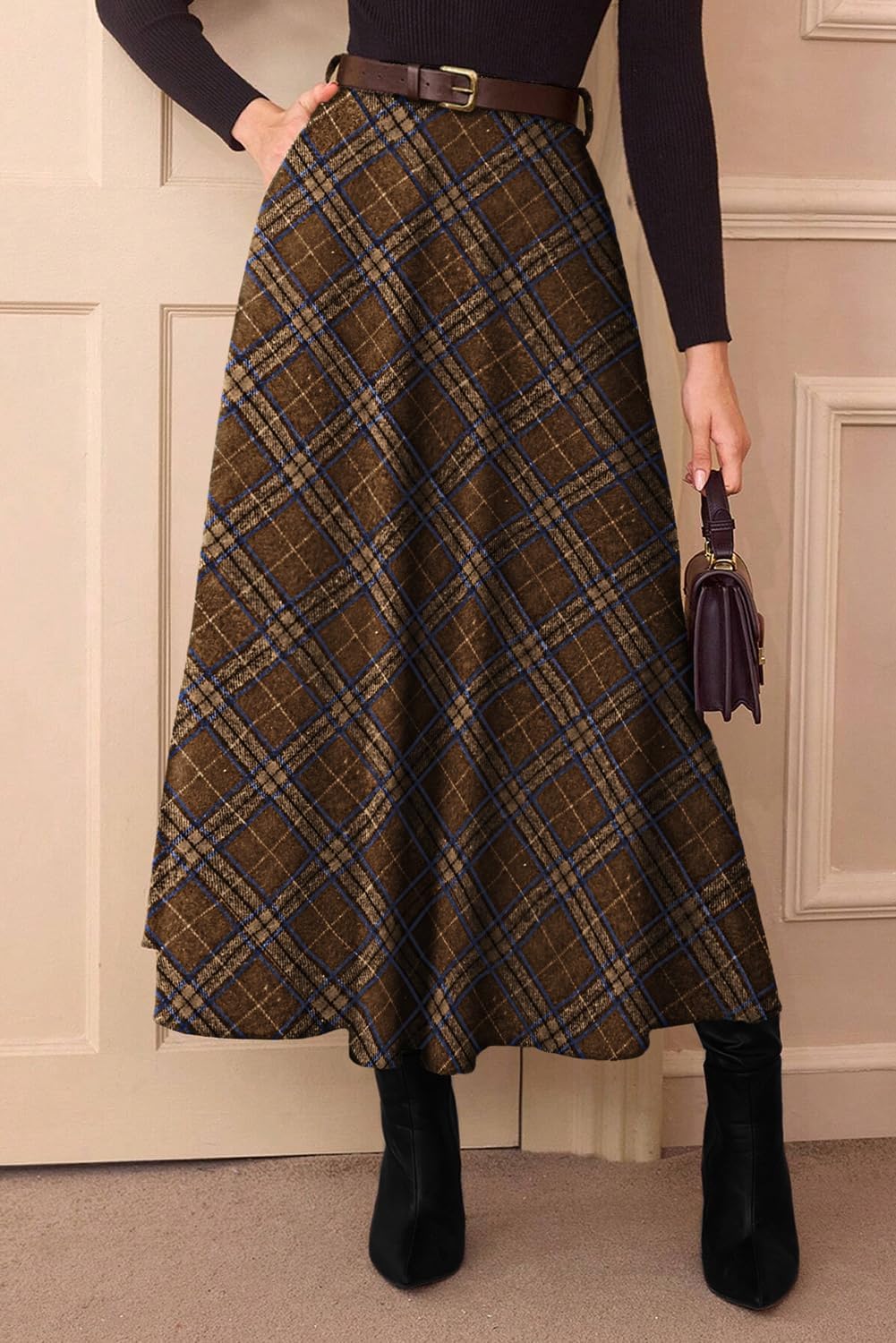 Pink Queen Plaid Skirts for Women 2026 Flared Vintage High Waist A Line Midi Tartan Skirts with Pockets