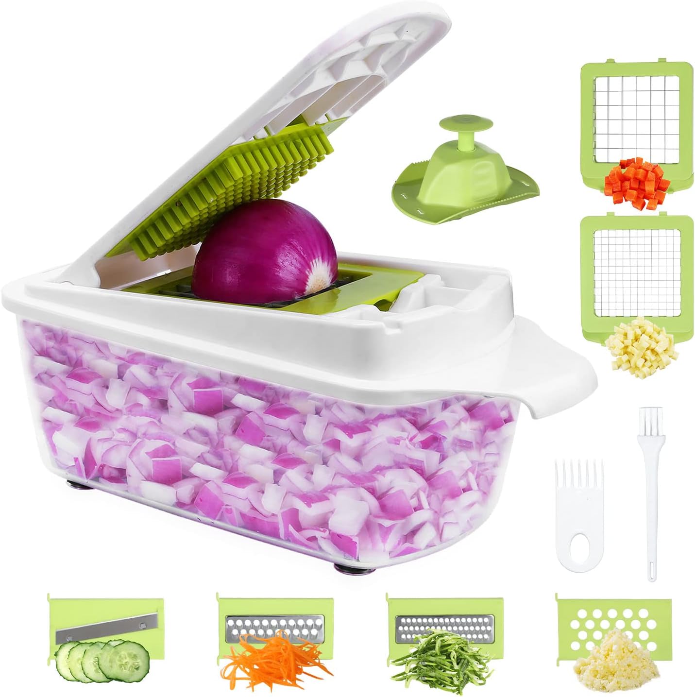 Food Dicer, Vegetable Chopper 6 Blades, Mandoline Slicer for Kitchen, Onion Chopper Dicer, Kitchen Chopper Mandolin Slicer, Fruit and Veggie Chopper with Container Vegetable Cutter Green