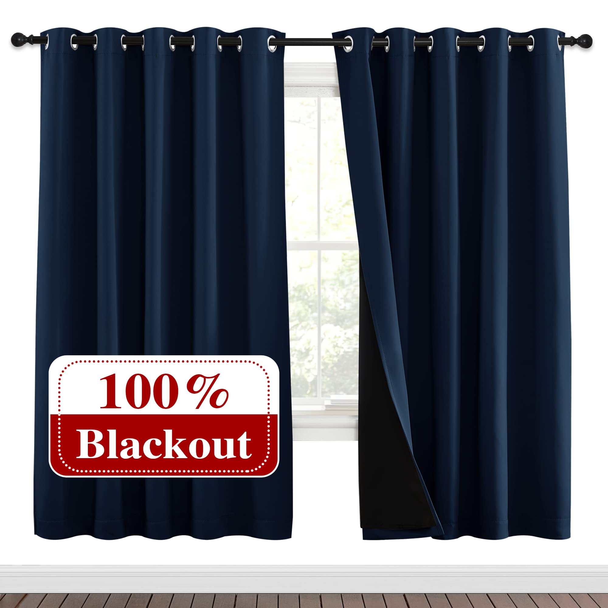 NICETOWN Full Shade Curtain Panels, Pair of Energy Smart &amp; Noise Blocking Out Blackout Drapes for Apartment Window, Thermal Insulated Guest Room Lined Window Dressing(Navy Blue, 70 x 72 inch)