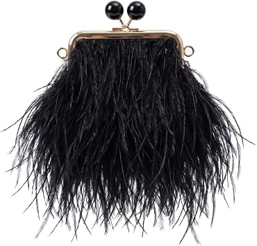Women Real Natural Single-sided Ostrich Feather Fluffy Evening Handbags Shoulder Crossbody Purses Clutch Wedding Party Black