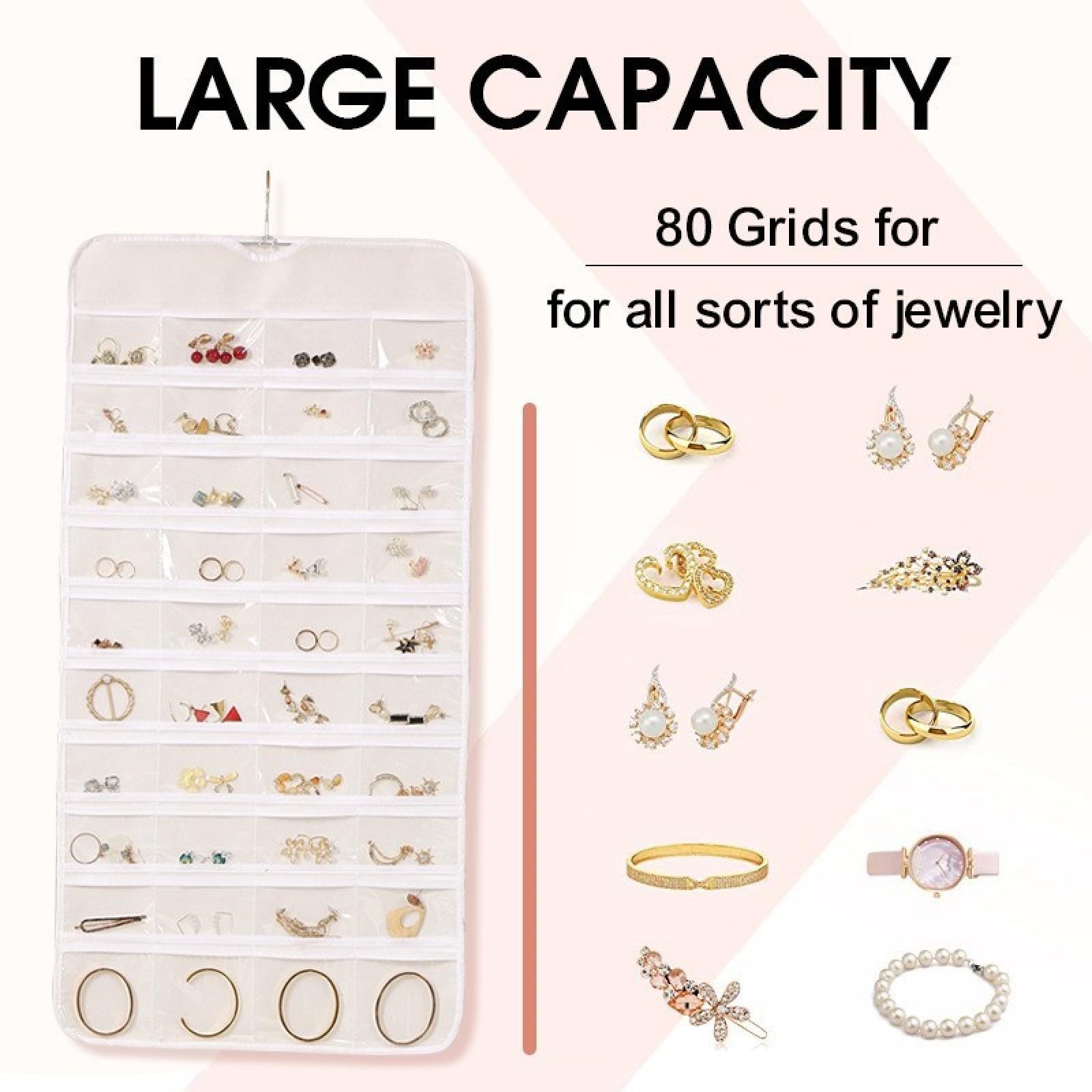 Organizer per Gioielli,Organizzatore di Gioielli da Appendere,Storage Doppia Faccia per Gioielli,Hanging Jewelry Organizer per Armadio,Doppia Faccia Porta Gioielli da Appendere con 48 Tasche(bianco)