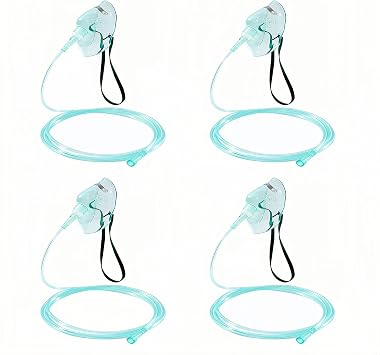4 Pack Adult Oxygen Mask Medium Size - Elongated Fit with 6.6ft Tubing, Adjustable Head Strap, DEHP-Free & Latex-Free, Design for Home Use No Cup