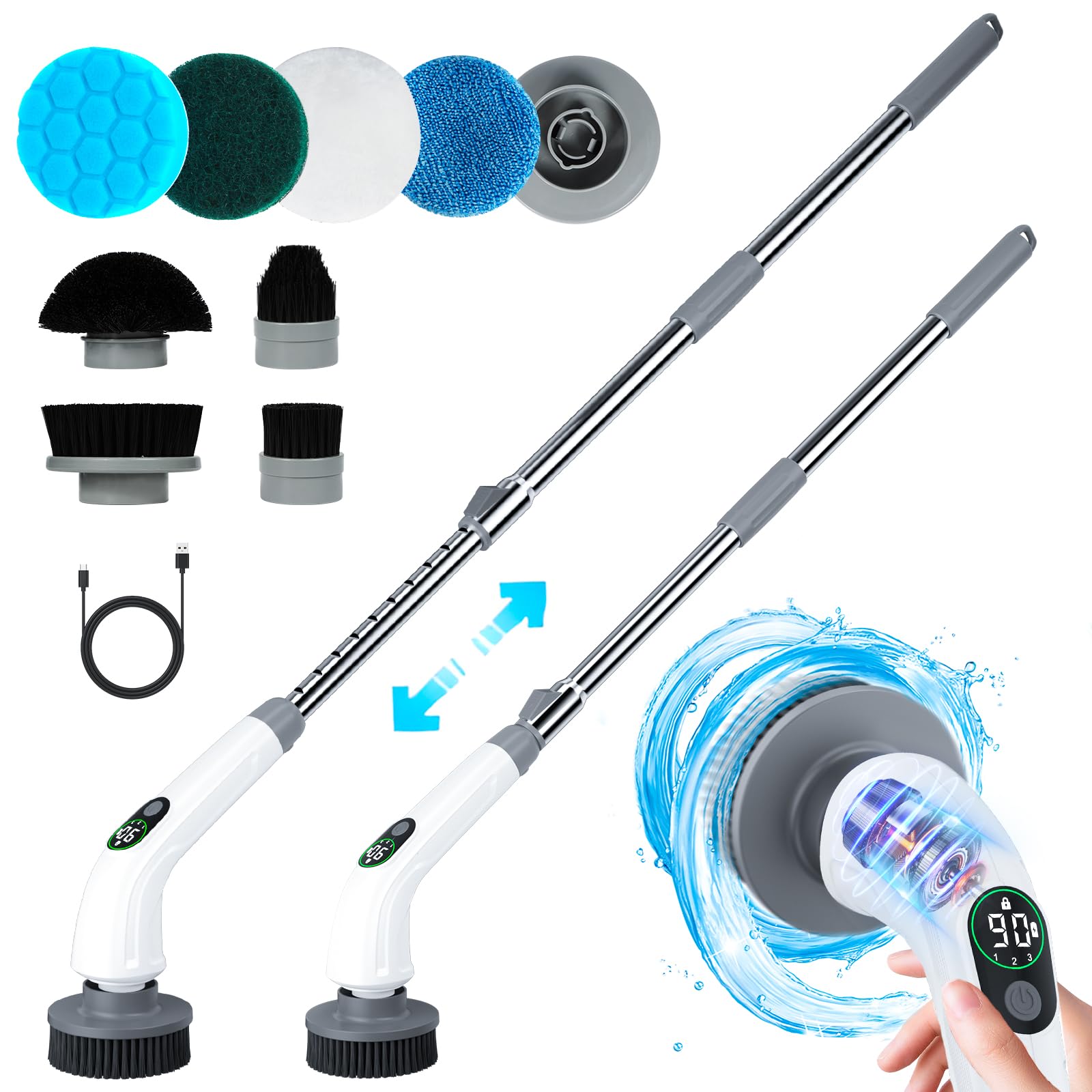 Electric Spin Scrubber, 550 RPM Cordless Home Cleaning Brush with Extended Handle, 3 Speeds, 8 Replacement Heads, IPX7 Waterproof, LCD Display – Power Shower Scrubber for Bathroom, Tub, Floor, Tile