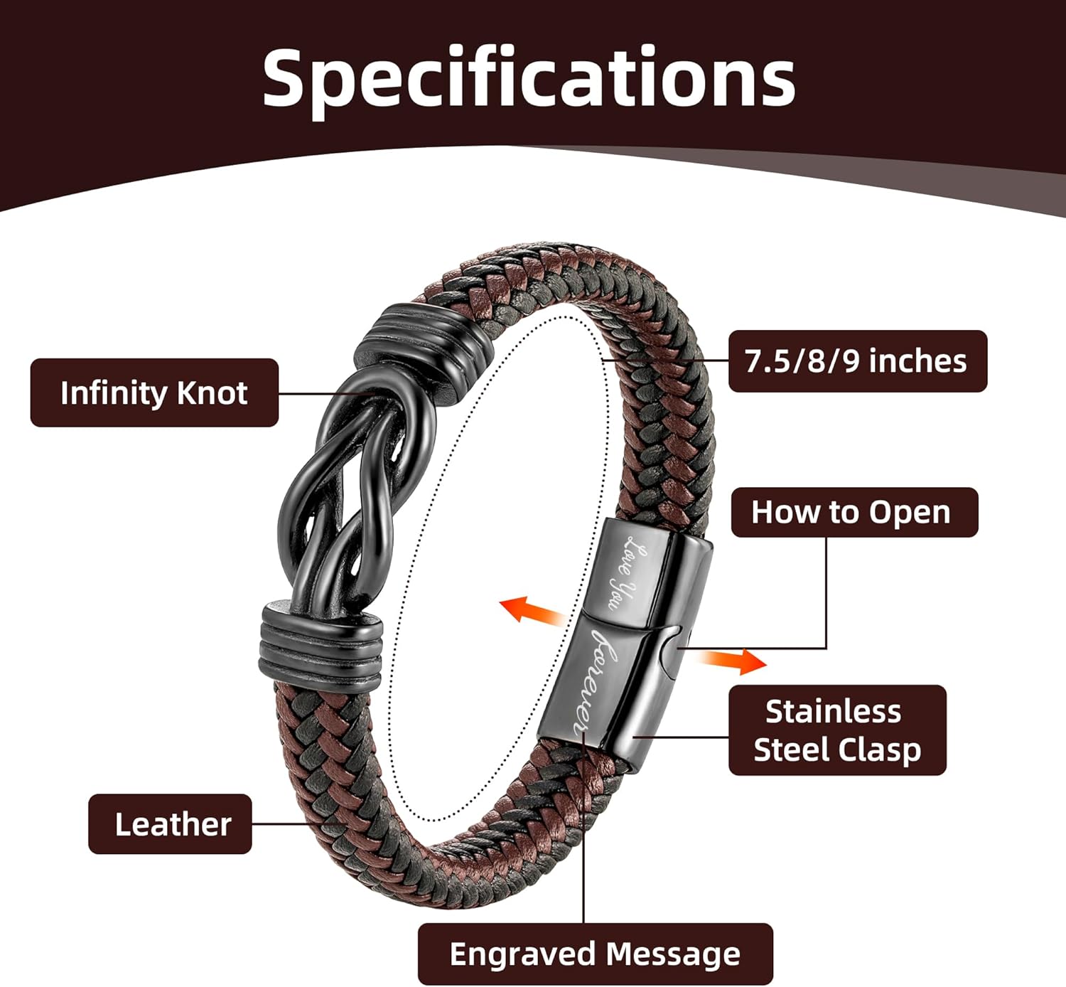 Mens Gift Leather Infinity Bracelet, Braided Leather Bracelet Stainless Steel Engraved with Love You Forever Jewelry Gifts for Dad Husband Brother Boyfriend Son 7.5/8/9 Inches - Image 2
