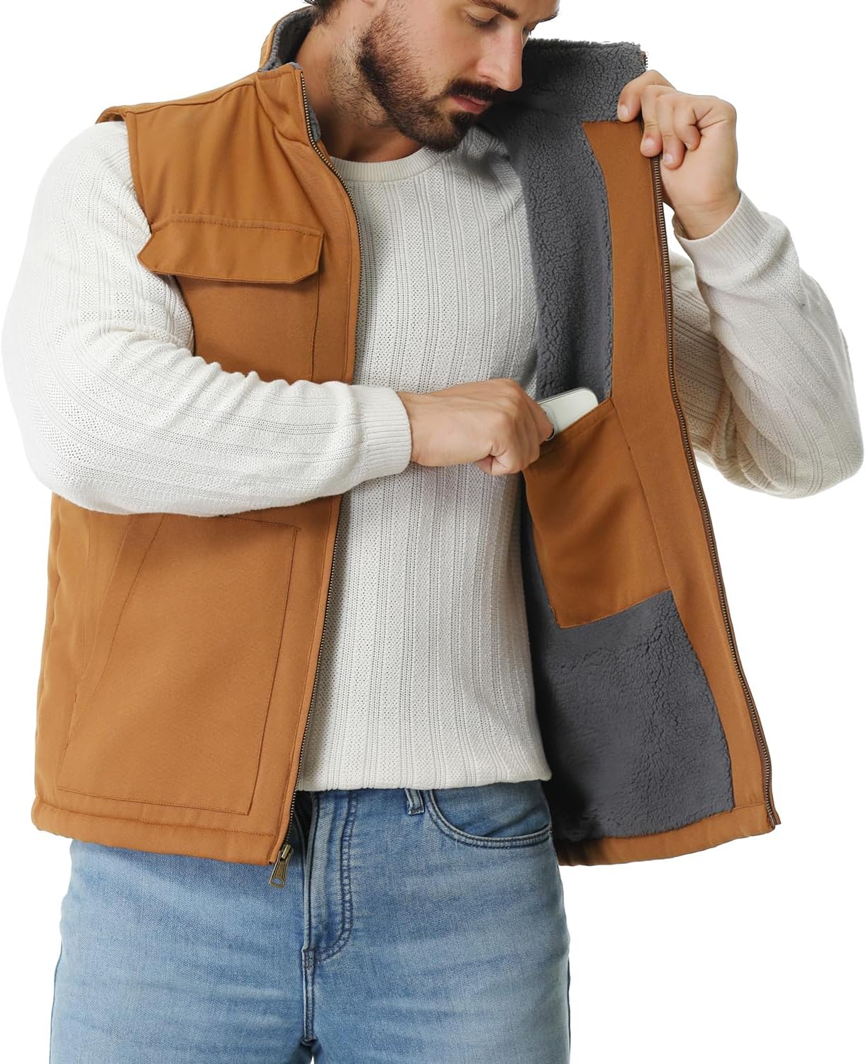 Men's Loose Fit Washed Duck Fleece-Lined Waterproof Workwear Mock-Neck Vest - Image 4