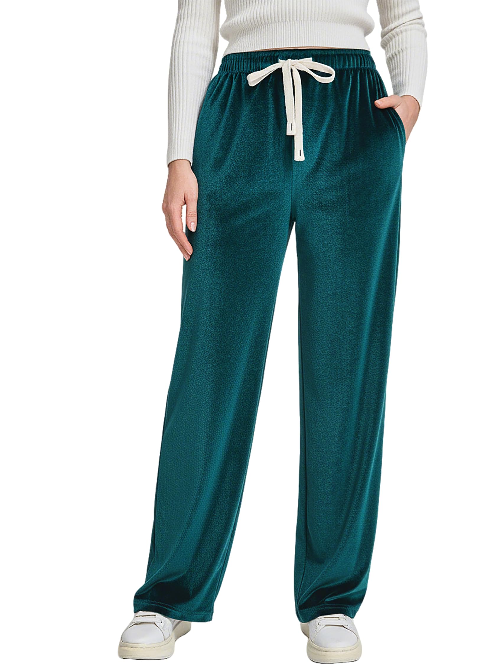 Womens Wide Leg Velvet Pants Lounging Waist Elastic Drawstring Loose Fit Trousers