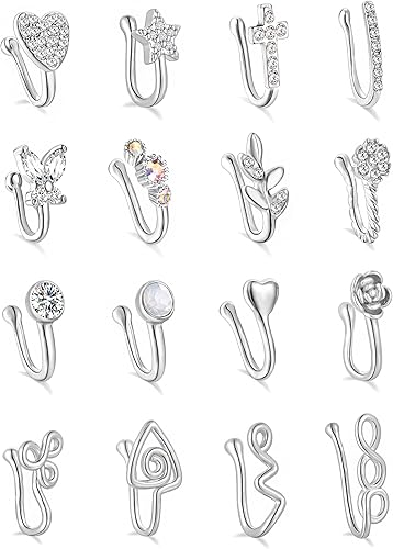 Akeoqi 16 24 piercings de nariz de imitación africana con incrustaciones de circonita cúbica con clip en forma de estrella, flor, hoja, corazón,