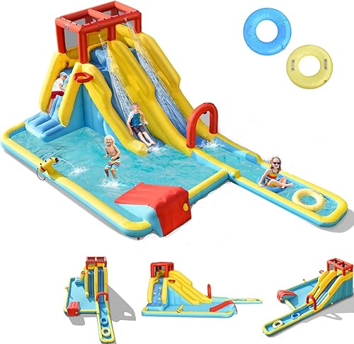 BOUNTECH - Parque acuático inflable 7 en 1, doble tobogán largo, pared de escalada, piscina, aro de baloncesto, pistola de agua, accesorios, para