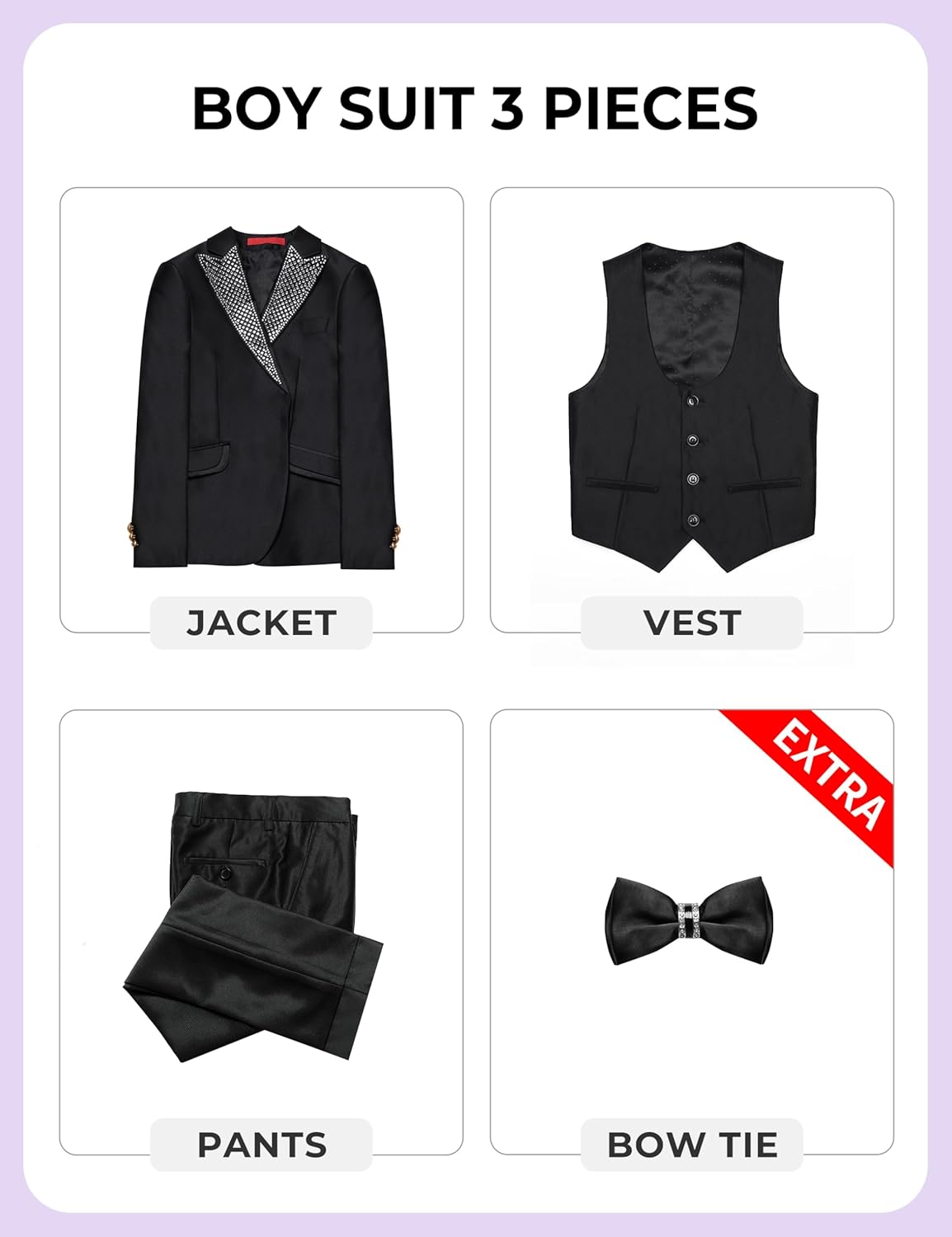 Marvelous World Boys 4-Piece Stylish Formal Tuxedo Suit Set, Suit Jacket, Pants, Vest, and Bow Tie