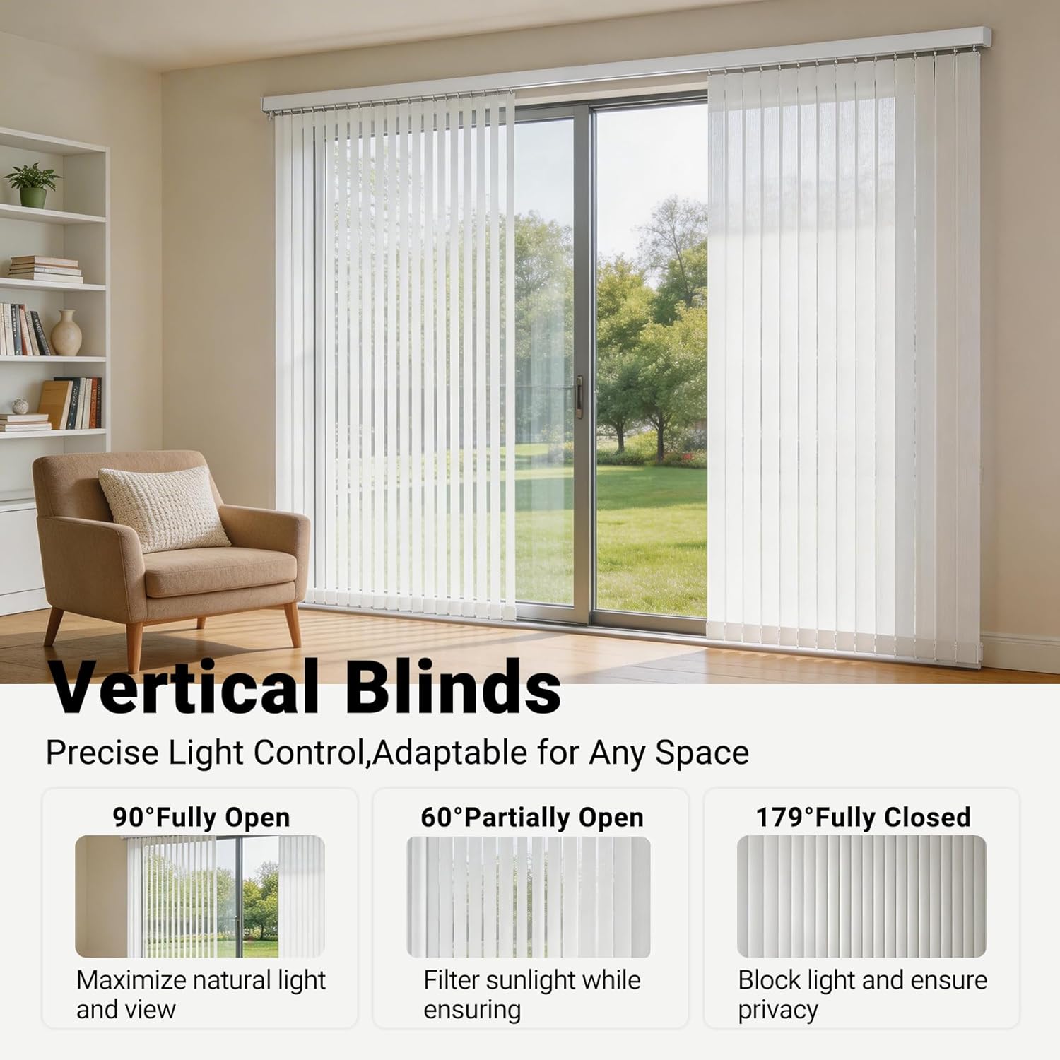Interiors Vertical Blinds Room Darkening Vertical Blinds Light-Filtering Vinyl Blinds for Sliding Glass Doors, Patio Doors & Windows,White,60" W × (25" H to 118" H Customize)