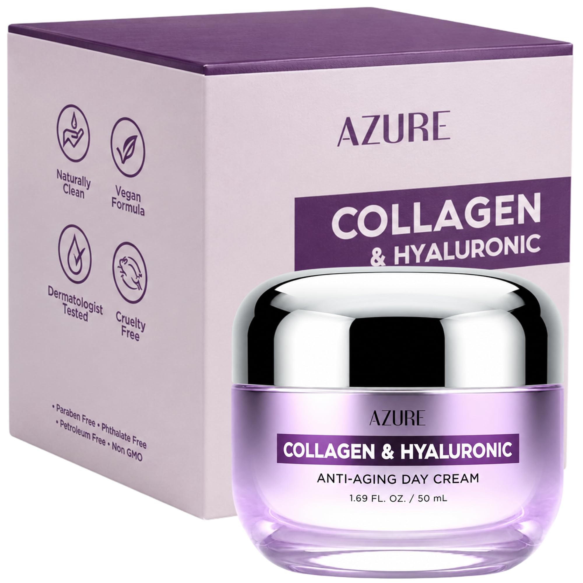 Azure Crema de día antienvejecimiento con colágeno e hidratante hialurónico, refrescante y reafirmante, reduce las arrugas y las líneas finas, bloquea la humedad y revitaliza la piel, fabricada en