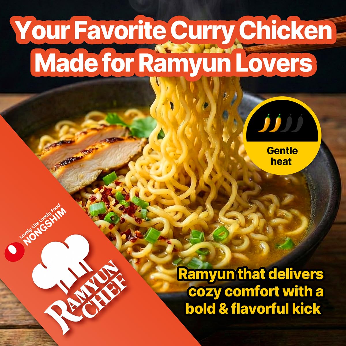 Nongshim Ramyun Chef, Instant Ramyun Noodles with Soup Mix, Curry Chicken, 4.02 Oz (Pack of 4)