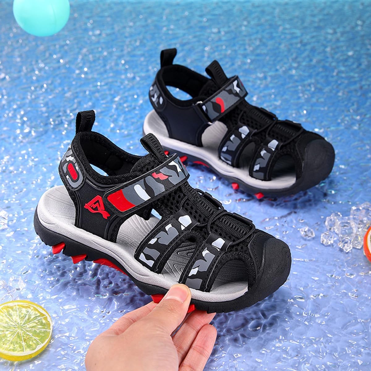 BININBOX Boys Girls Sport Sandals Breathable Lightweight Outdoor Play Casual Closed Toe Hook and Loop Beach Shoes