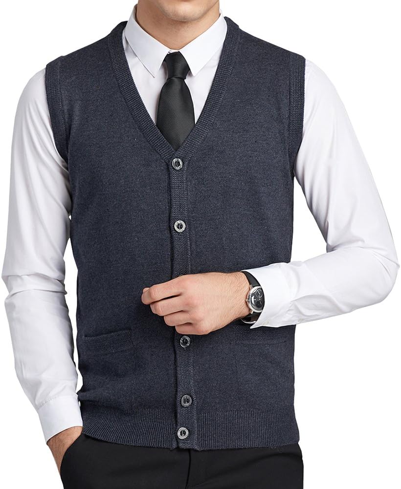 FULIERMens Wool V-Neck Gilet Sleeveless Vest Waistcoat Classic Gentleman Knitwear Cardigans Knitted Sweater Tank Tops with Buttons