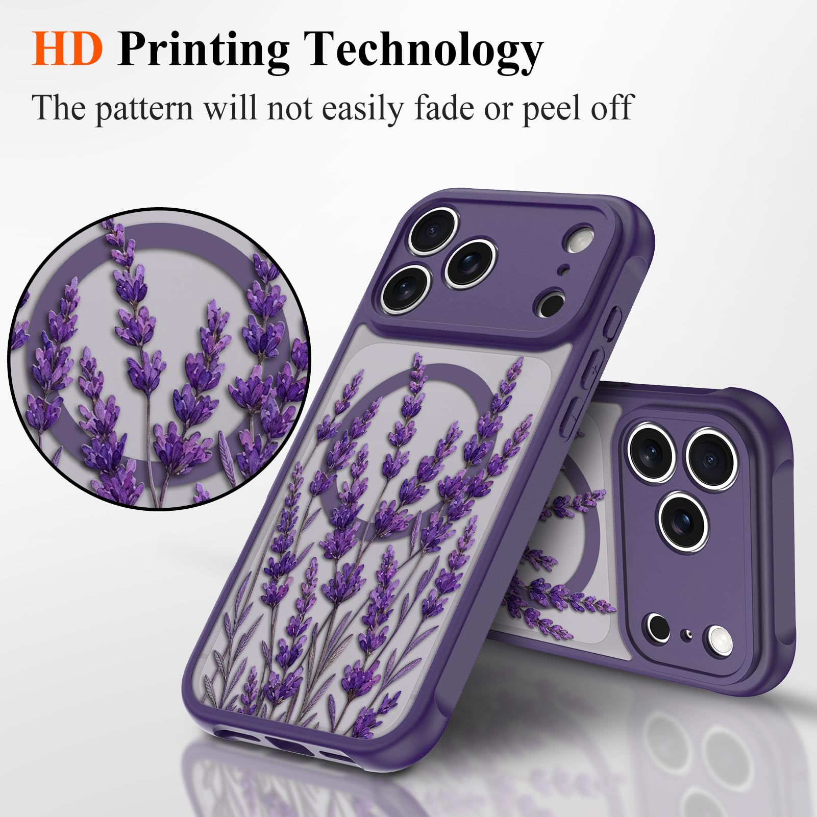 Coque magnétique conçue pour iPhone 17 Pro, motif floral violet