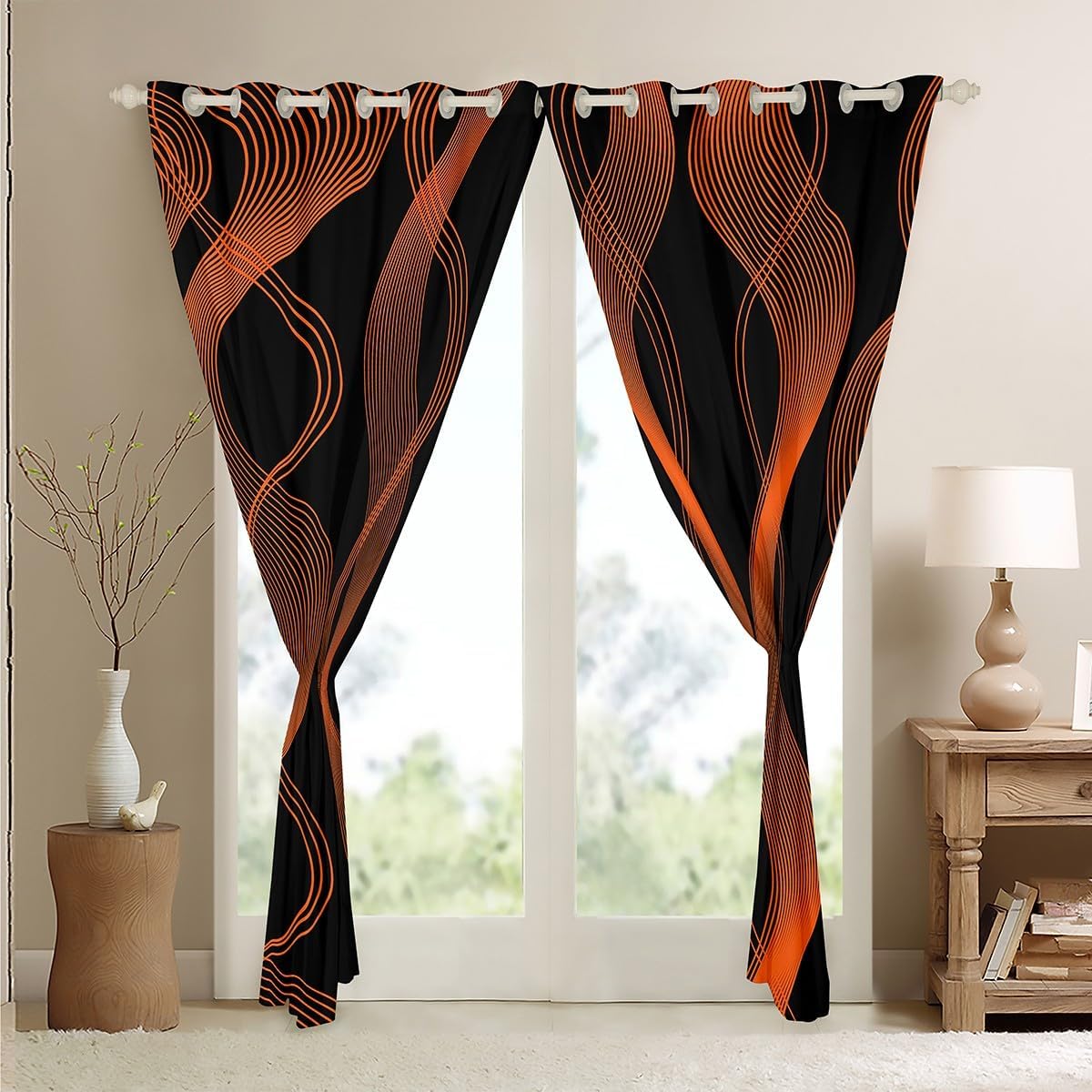 Feelyou Stripes Lines Darkening Drapes Kids Abstract Art Curtains Boys Girls Room Decor Ombre Orange Black Blackout Curtains Stripes Geometric Window Treatments (2 Panels, 38 x 45 Inch)
