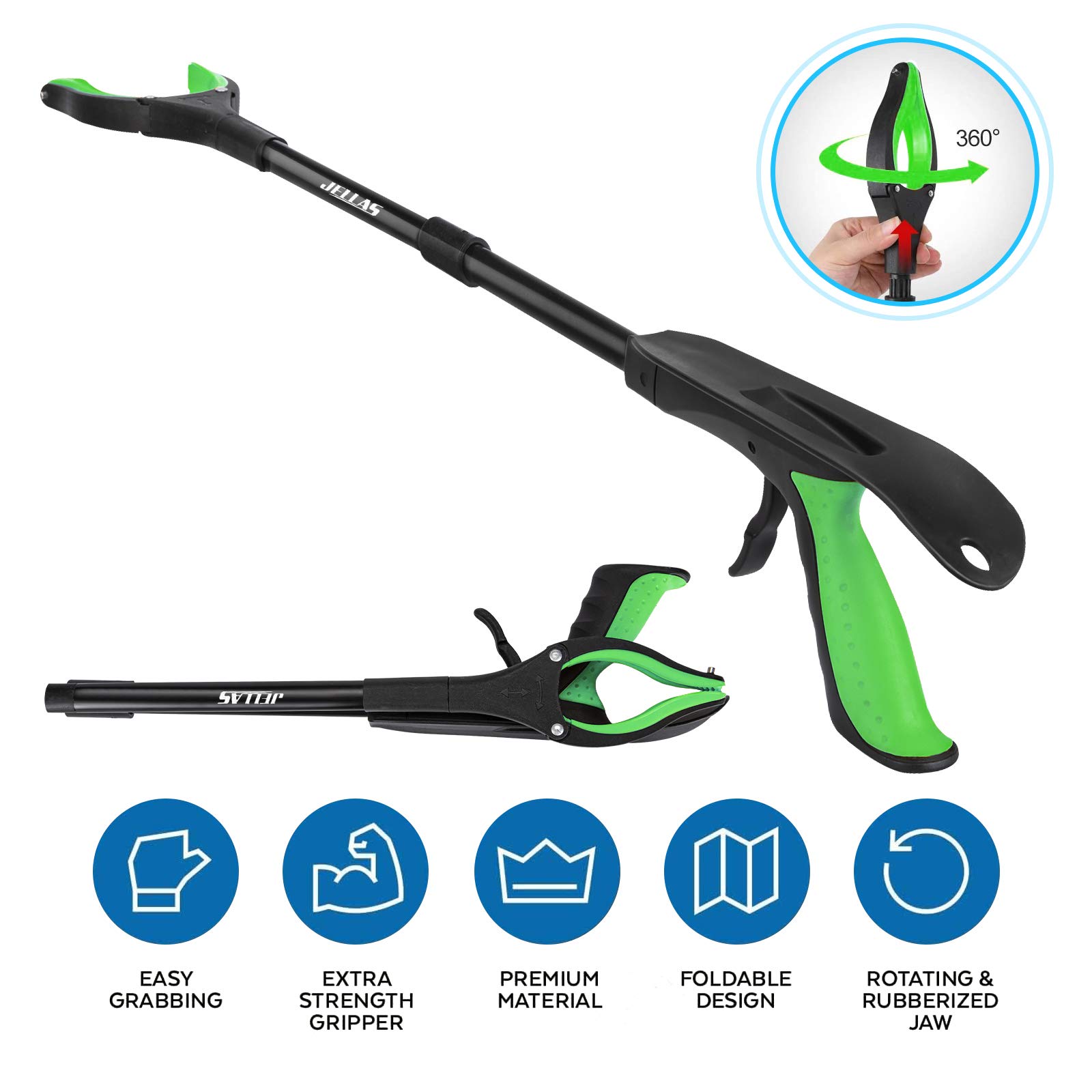 Jellas Pinza Telescopica, 80 cm Pinza Telescopica Pieghevole, Pinza Prensile, Raccoglitore di Immondizia, Pinza Morsetto in Gomma (Verde)