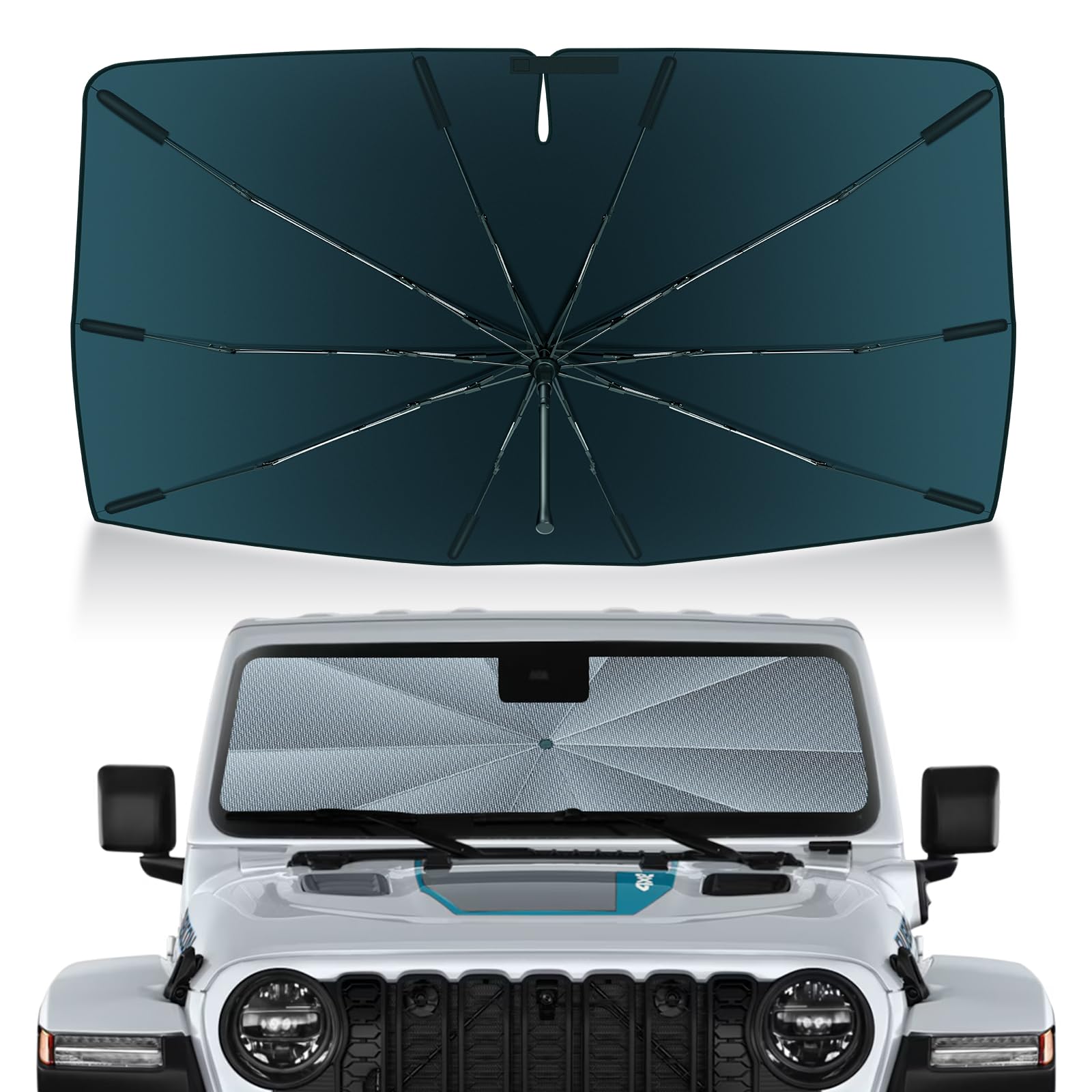 Autorder Windshield Sun Shade Umbrella for 2018-2026 Jeep Wrangler JL/2020-2026 Jeep Gladiator JT Accessories,Upgraded Ice Crystal Material,Easy Setup Umbrella Sunshade for Car Windshield Sun Blocking : Automotive