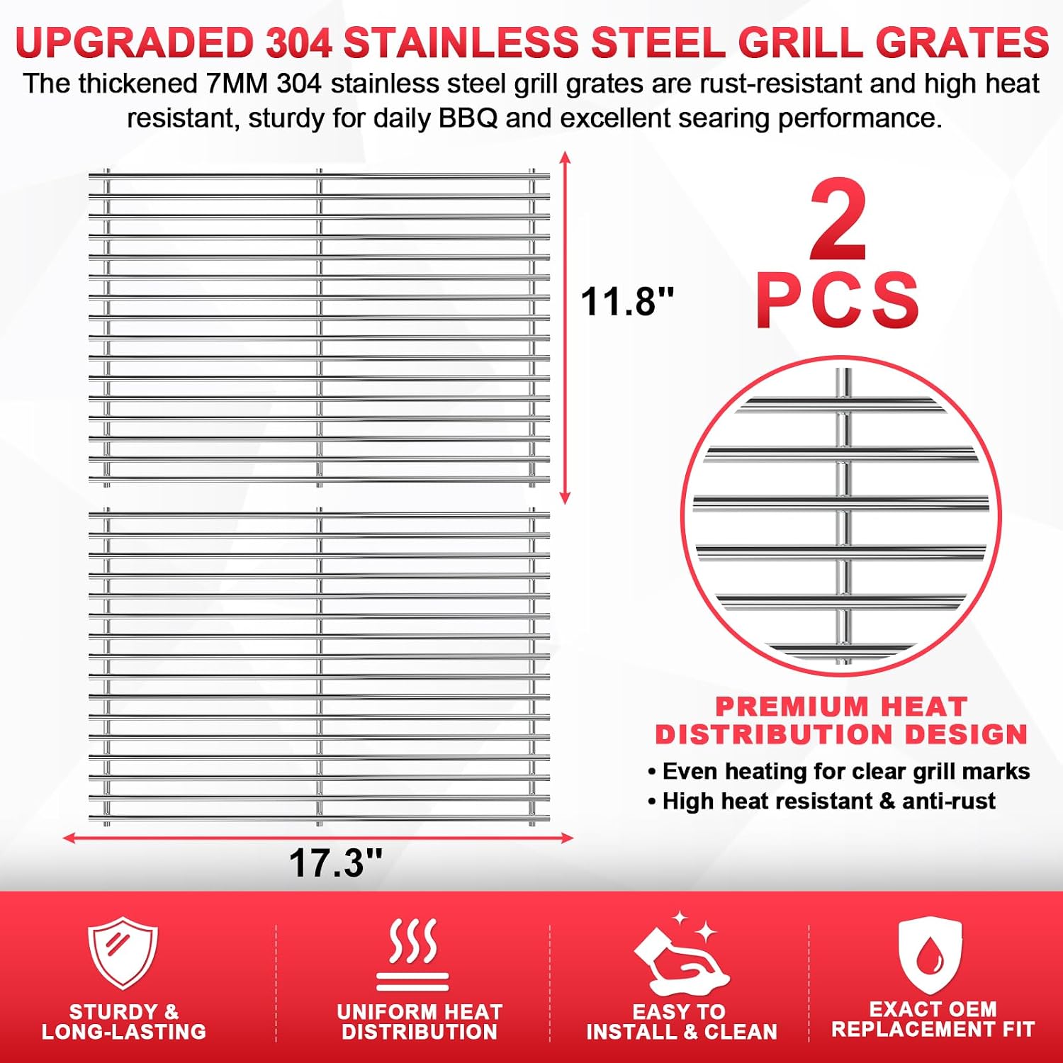Spirit 300 Grill Grates for Weber Spirit E310 E320 S310 S320 E/S 330 II E/S 310 3 Burner Grill Parts, Genesis Silver/Gold/Platinum B/C, Genesis 1000-3500 Grates, 7MM 304 Stainless Steel, 7639 7638