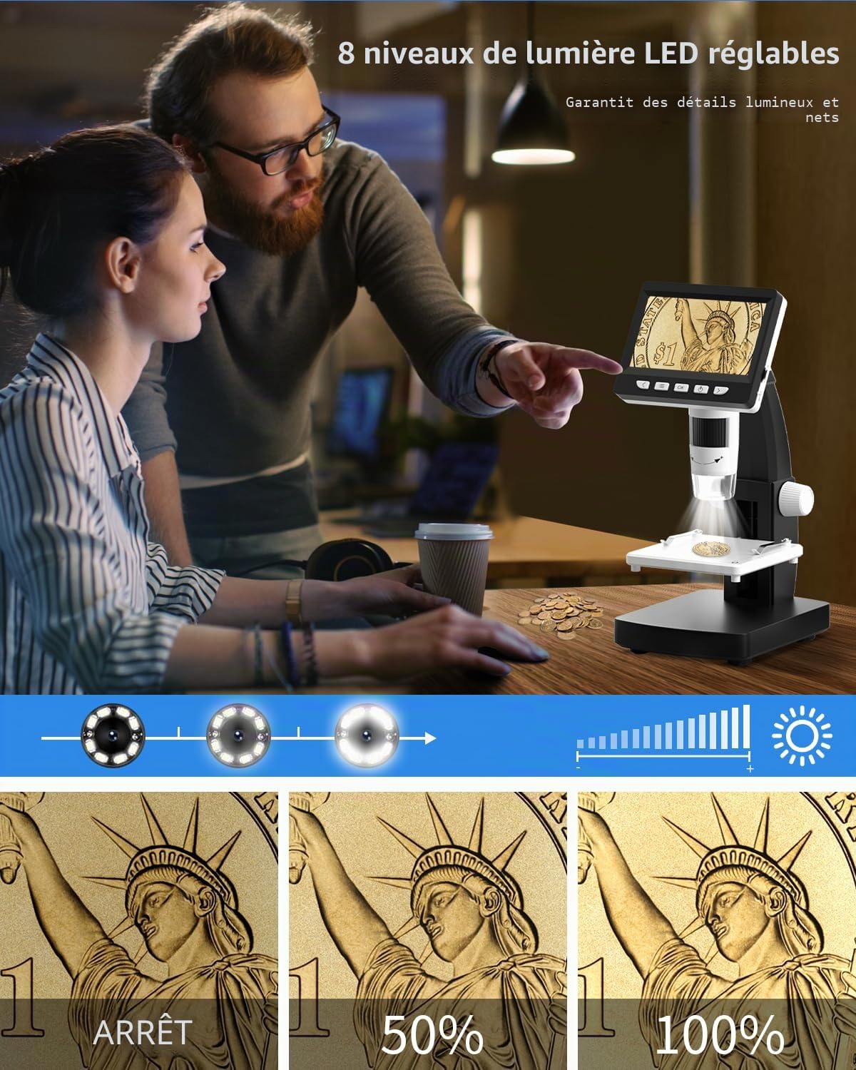 Microscope Numérique Enfant/Adulte, Loupe avec Un Écran de 4,3 Pouces et 8 LED, Grossissement 50x-1000x, Compatible avec Windows/Mac (306-B)