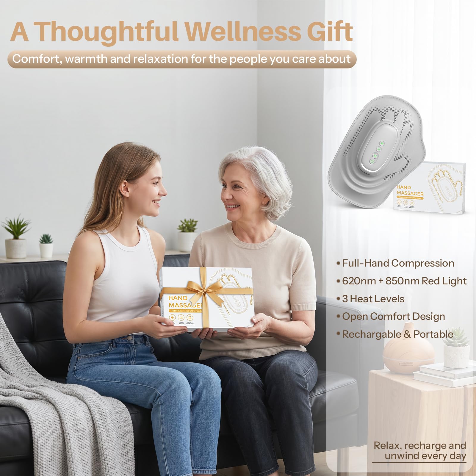 Elektrisches Handmassagegerät mit Wärme für Karpaltunnel & Arthritis Schmerzlinderung | 8-Zonen-Luftkompression, individuelle Fingerschlitze, weiches PU-Leder, schnurlos & tragbar, Geschenke für Männer und Frauen