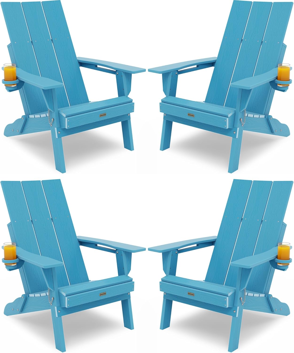 Adirondack Chair with Cup Holder: Folding Adirondack Chairs Set of 4 Plastic HDPE Material Furniture - Modern Composite Fire Pit Chairs Foldable for Outdoor/Backyard/Garden/Lawn/Deck/Porch