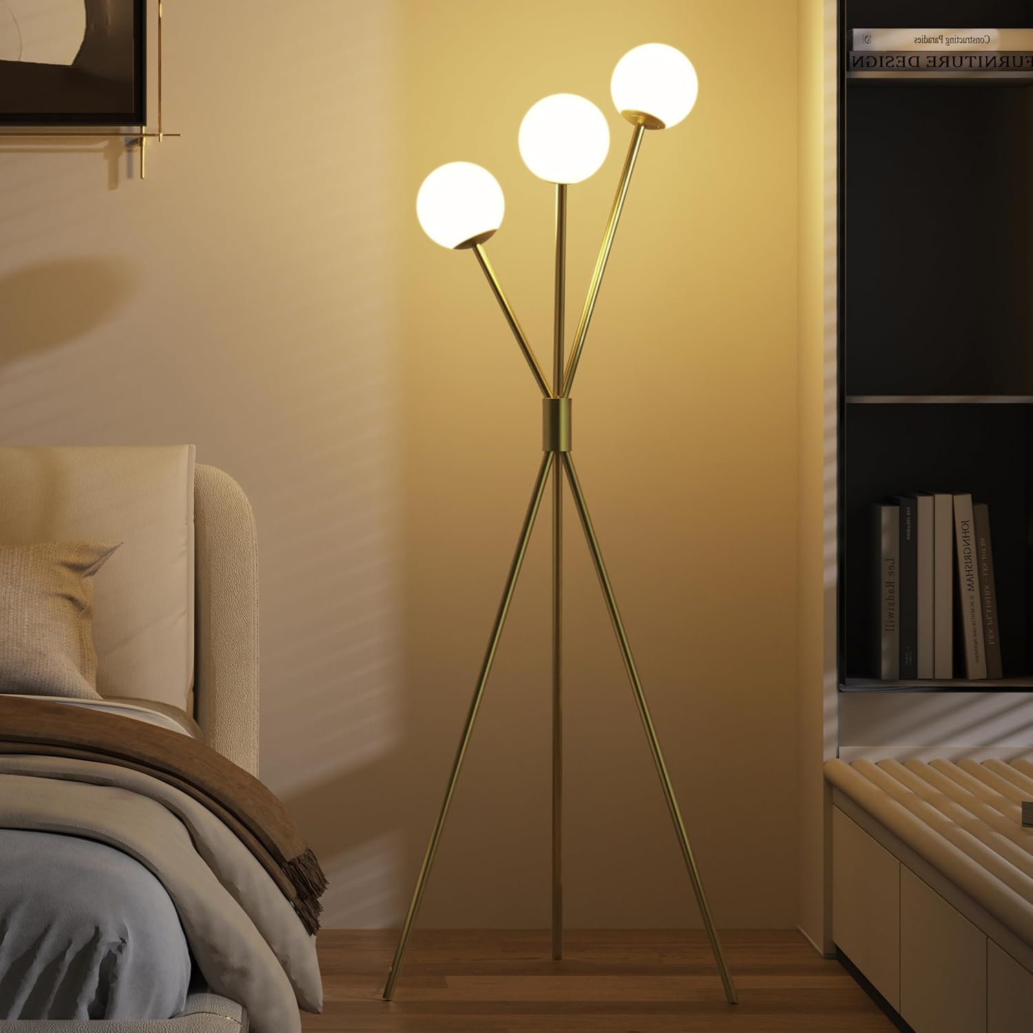Maxax 65” Brass Gold Floor Lamp for Living Room, 3 Lights Globe Mid Century Floor Lamp ModernTripod Reading Standing Lamp with White Glass Globe Shade for Bedrooms Office