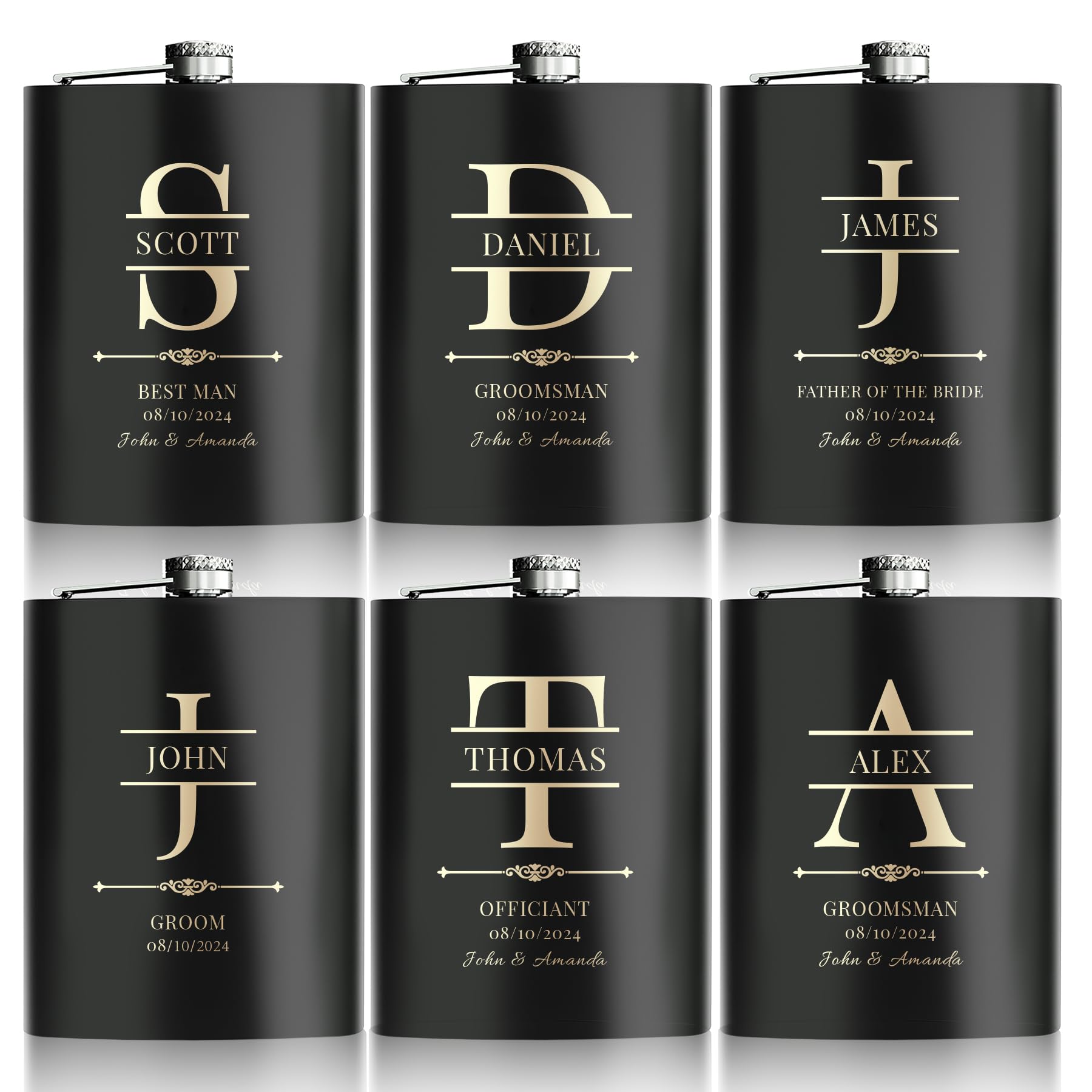 Petacas de Alcohol Personalizados, un Paquete de 6 Frasco de Bolsillo a Medida 8 oz/227ml como Regalo para los Padrinos de Boda, Botellín Personalizada para Despedidas de Soltero y Bodas(Negro)